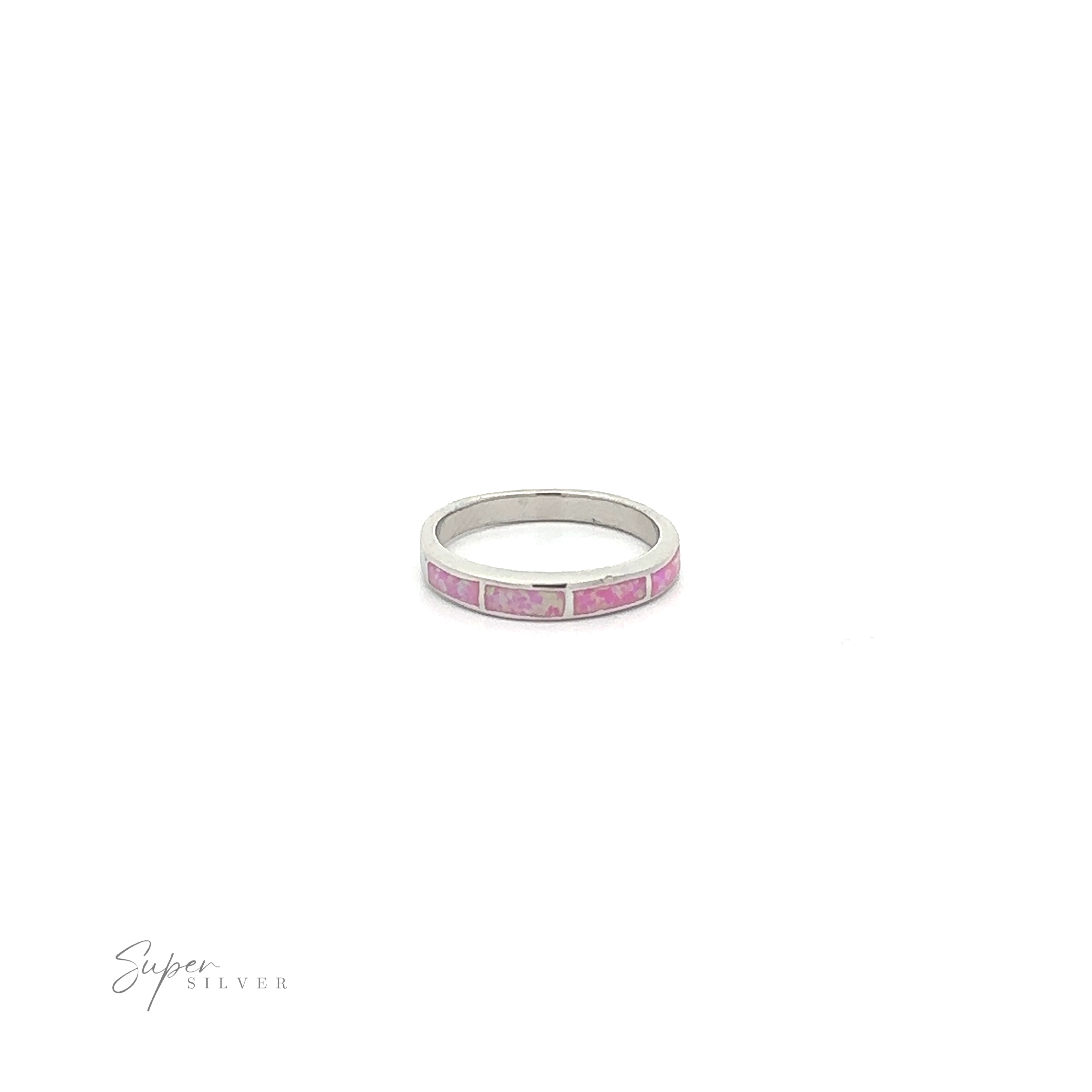 Minimalist silver ring with pink square-cut Striped Lab Opal Band inlays.