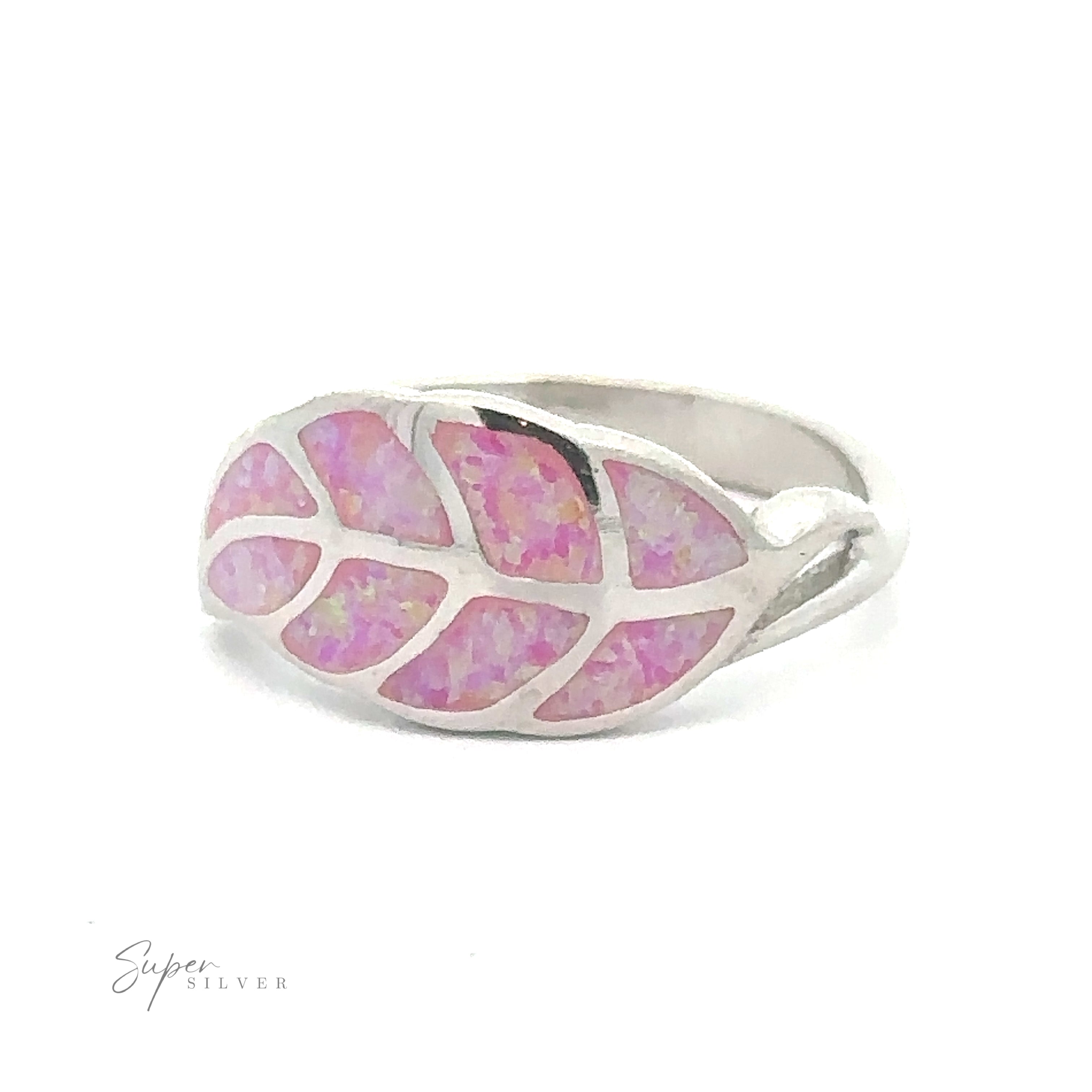 Lab Opal Feather Ring with an ethereal feather-shaped design inlaid with pink opal.