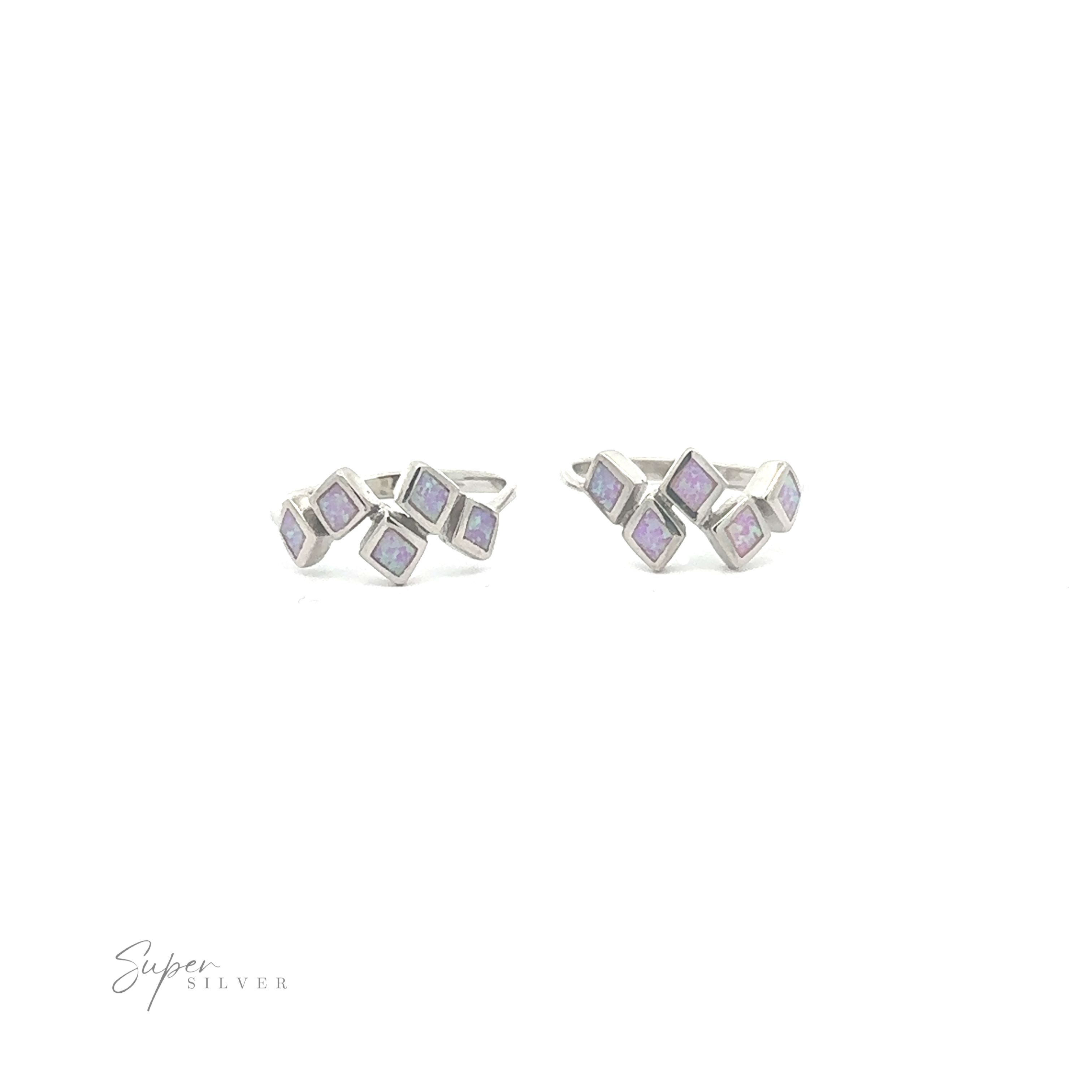 A pair of sterling silver geometric earrings with small purple gemstones, displayed on a plain white background with "Diamond Pattern Lab-Created Opal Ring" signature.