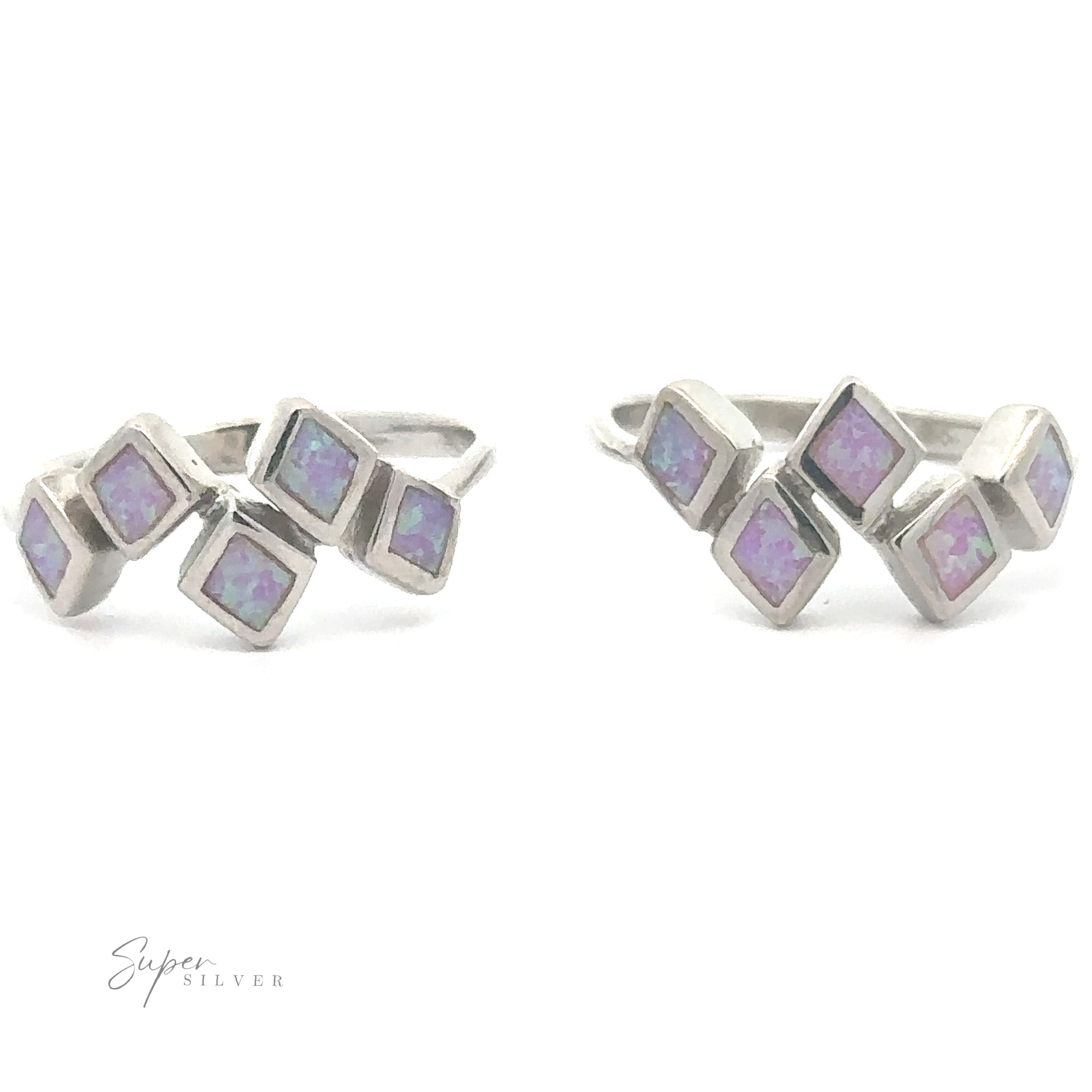 Sentence with product name: Two sterling silver Diamond Pattern Lab-Created Opal Rings, displayed against a white background.