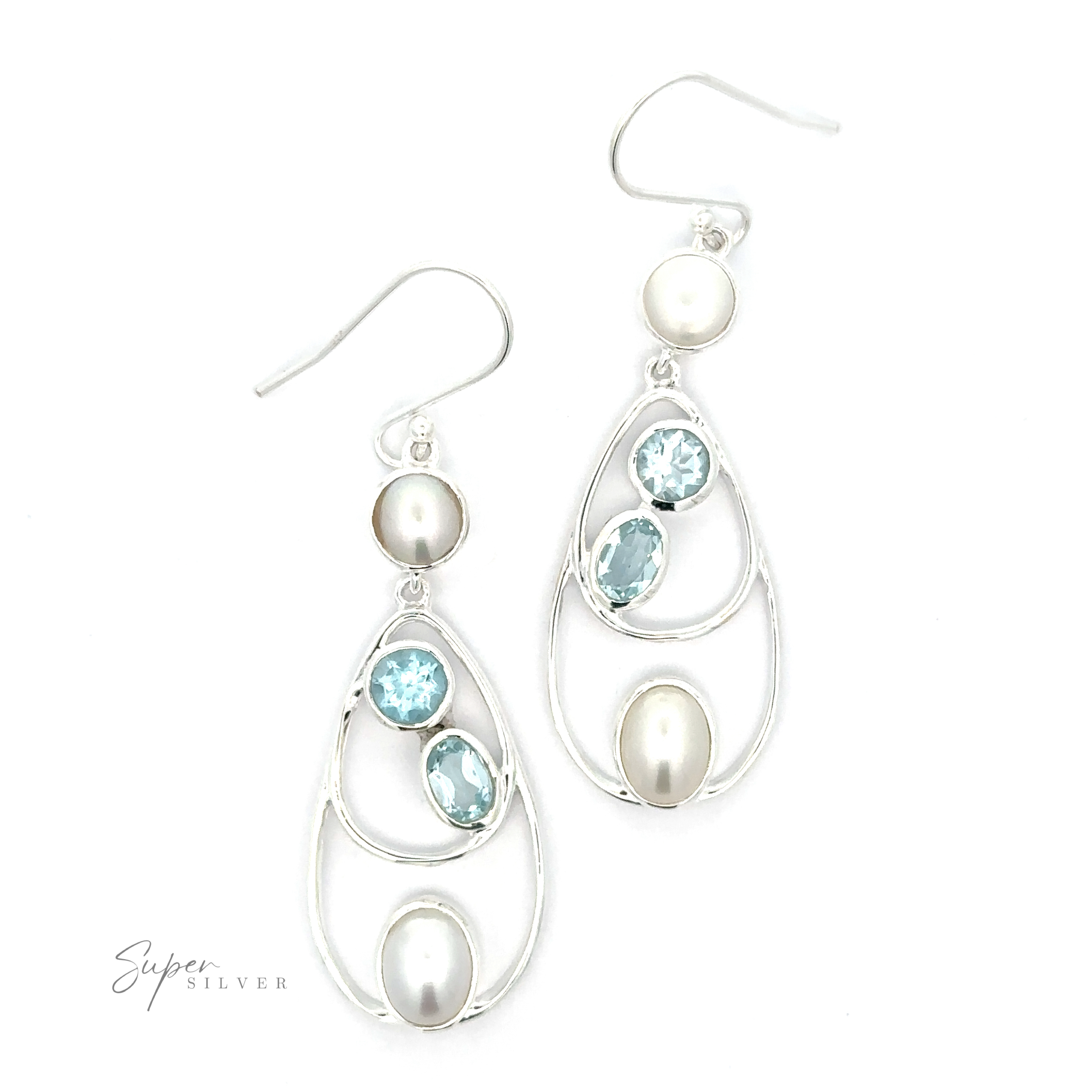 Introducing our Stunning Teardrop Pearl and Blue Topaz Earrings. These teardrop pearl earrings showcase two white pearls and two blue topaz gemstones in each piece, exuding elegance. They feature a hooked closure and proudly display the "Super Silver" logo at the bottom left.