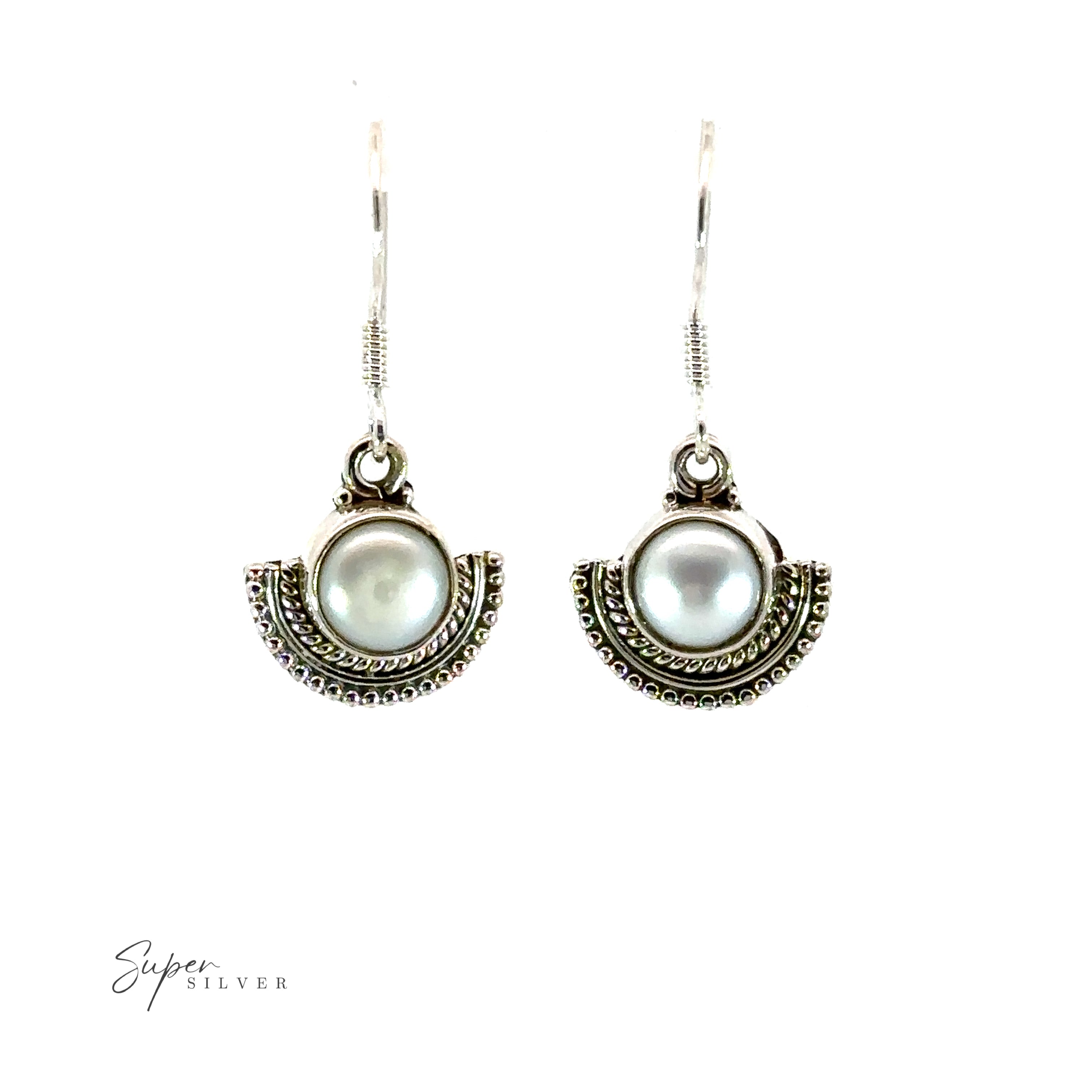 A pair of Round Gemstone Earrings with Fan Setting with white pearls and rustic silver accents.