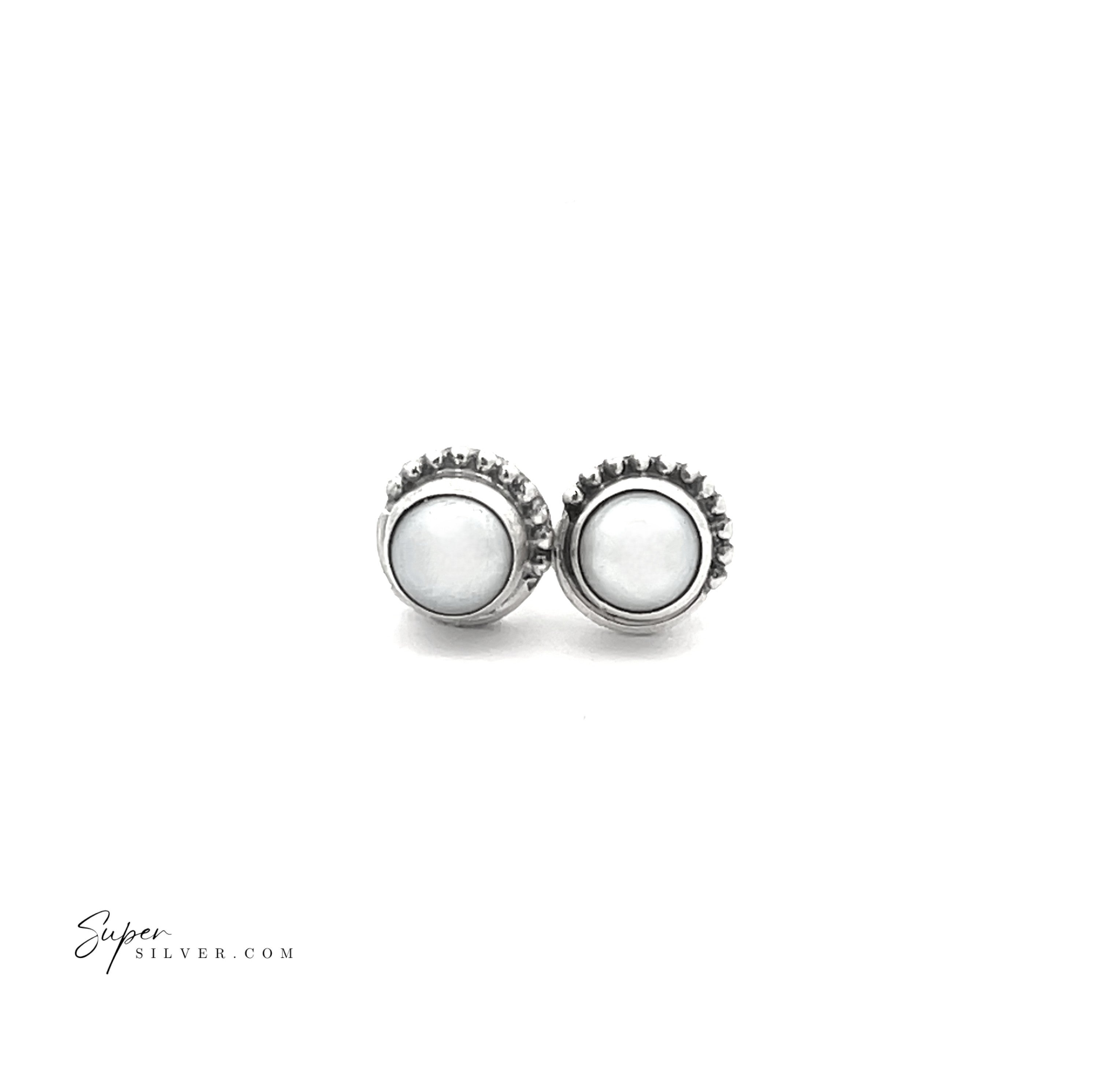 5mm Gemstone Studs With Half Bead Design: round sterling silver earrings featuring white center stones in bezel settings with decorative beaded edges, shown on a white background.