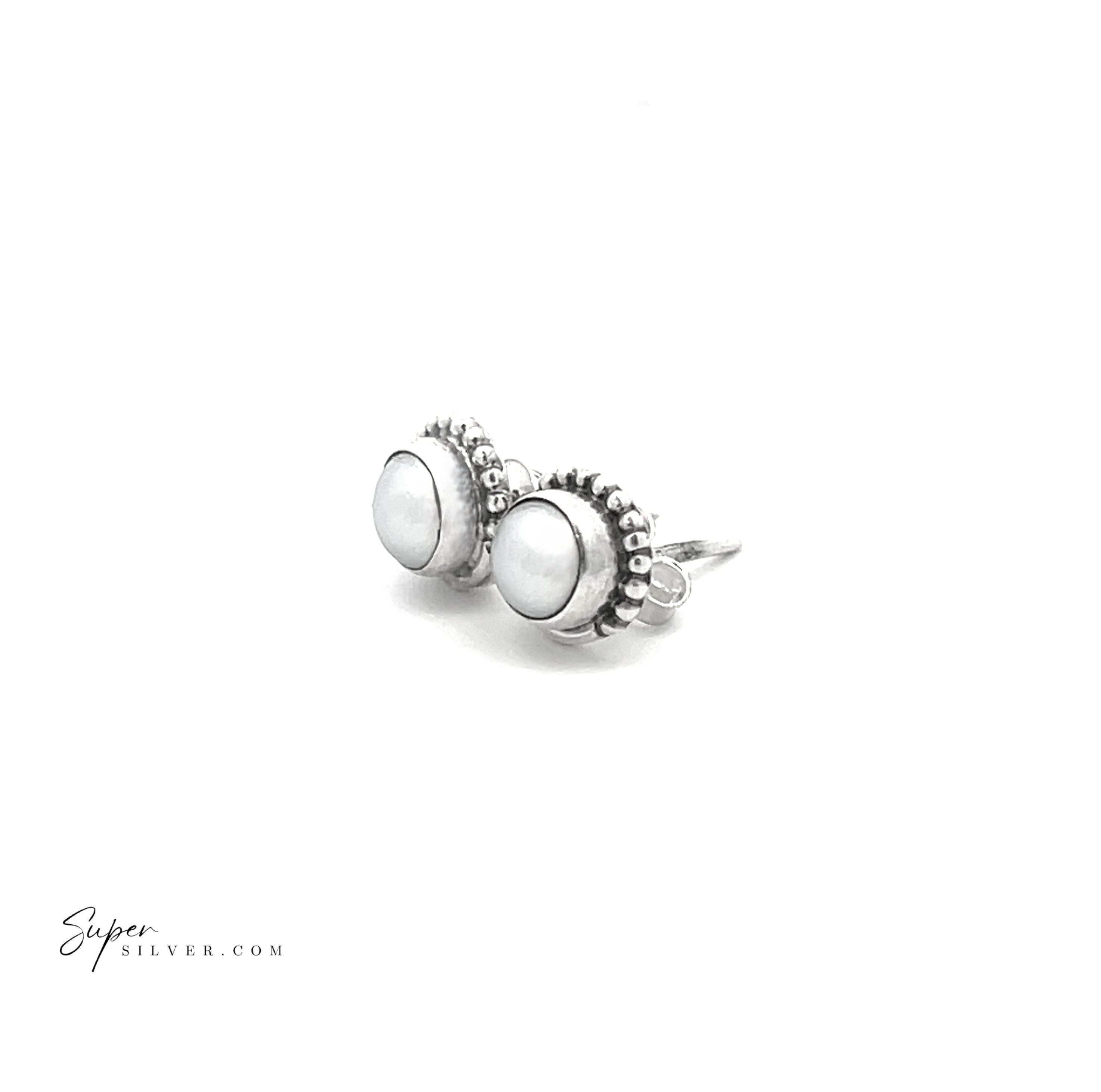 5mm Gemstone Studs With Half Bead Design: Sterling silver stud earrings with bezel-set white gemstone centers and decorative beaded edges, shown on a white background. "SuperSilver.com" logo appears in the lower left corner.