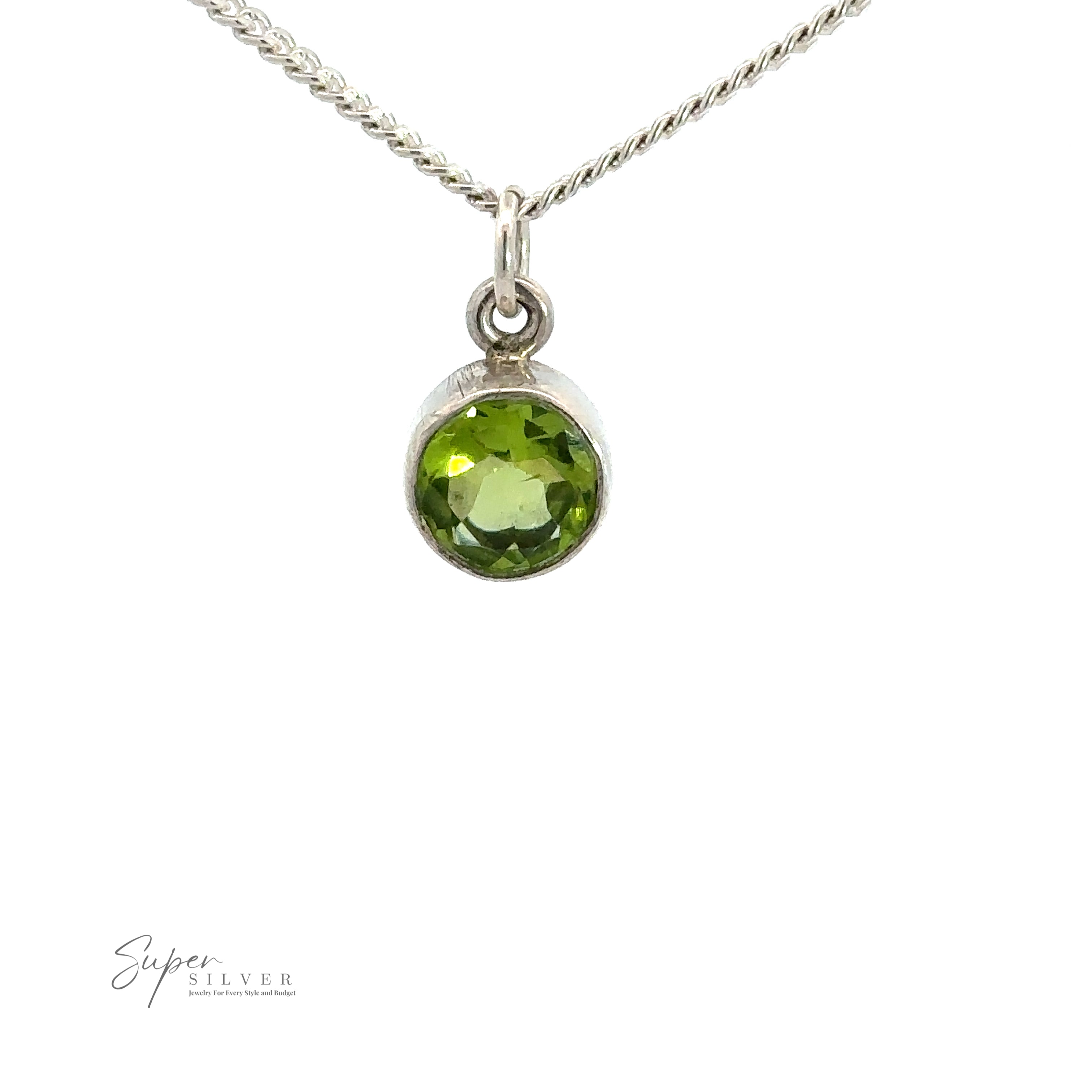 A .925 Sterling Silver necklace featuring a Round Peridot Pendant, which is also the birthstone for August.