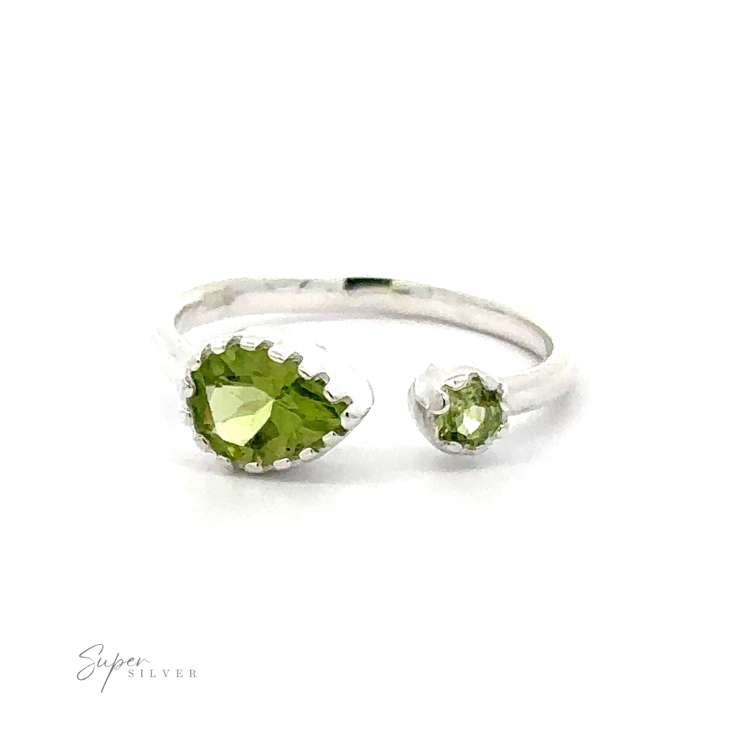 Dainty Adjustable Gemstone Ring with Two Stones, featuring a large pear-shaped peridot and a smaller round peridot, set against a white background.