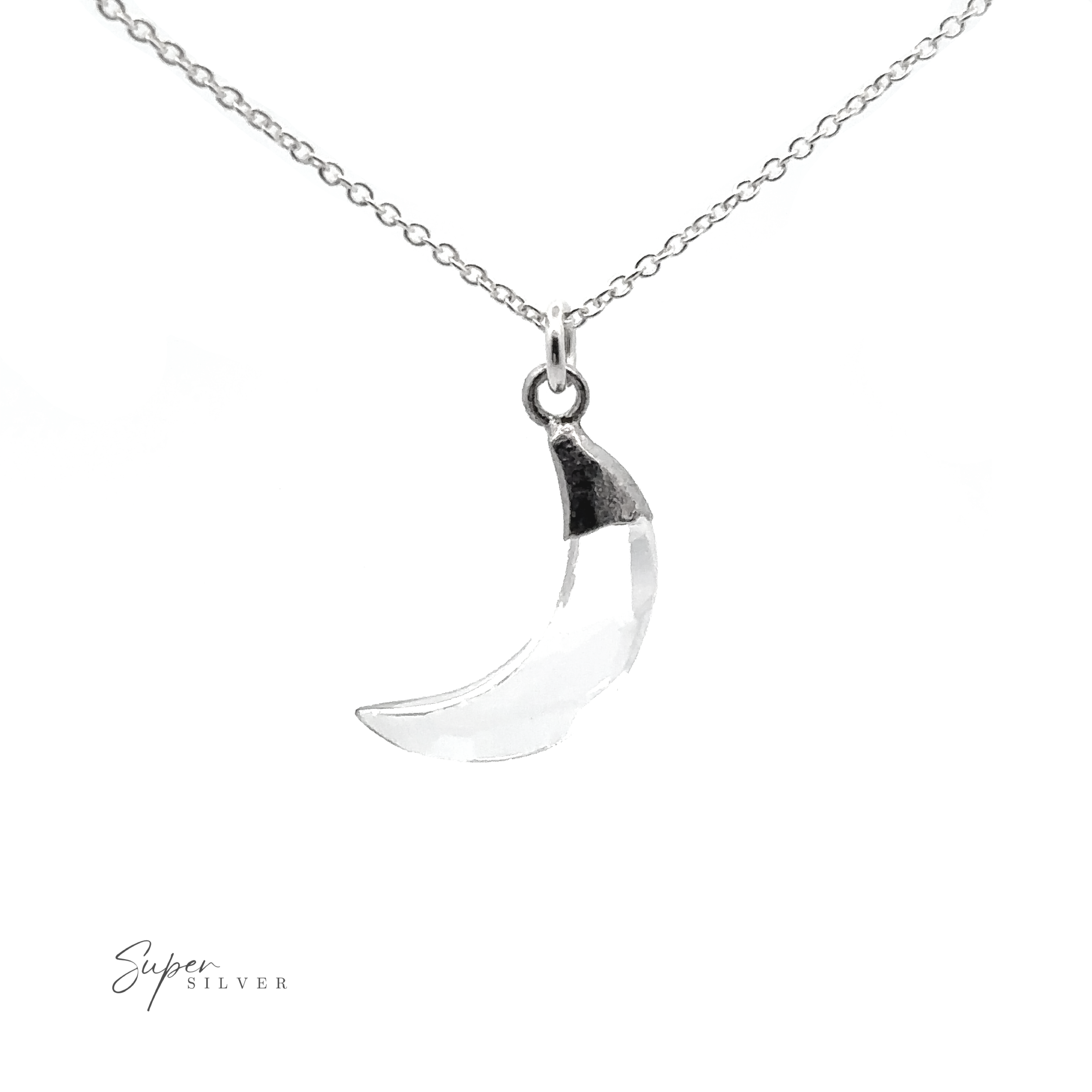 A silver necklace with a crescent shaped pendant featuring a moon motif, the Delicate Stone Moon Necklaces.