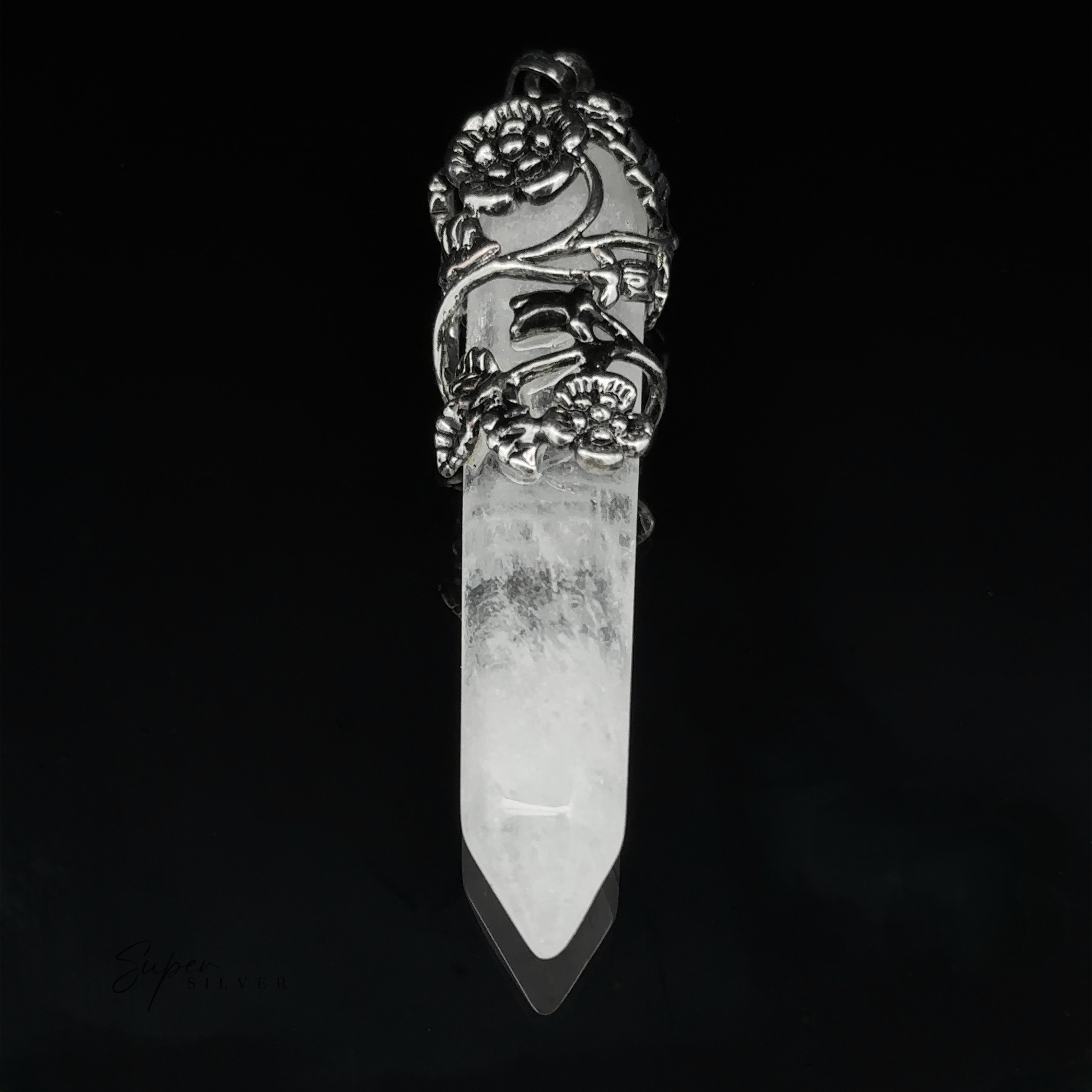 A Silver-Plated Flower Design Stone Pendant, obelisk-shaped and wrapped in an ornate silver floral design.