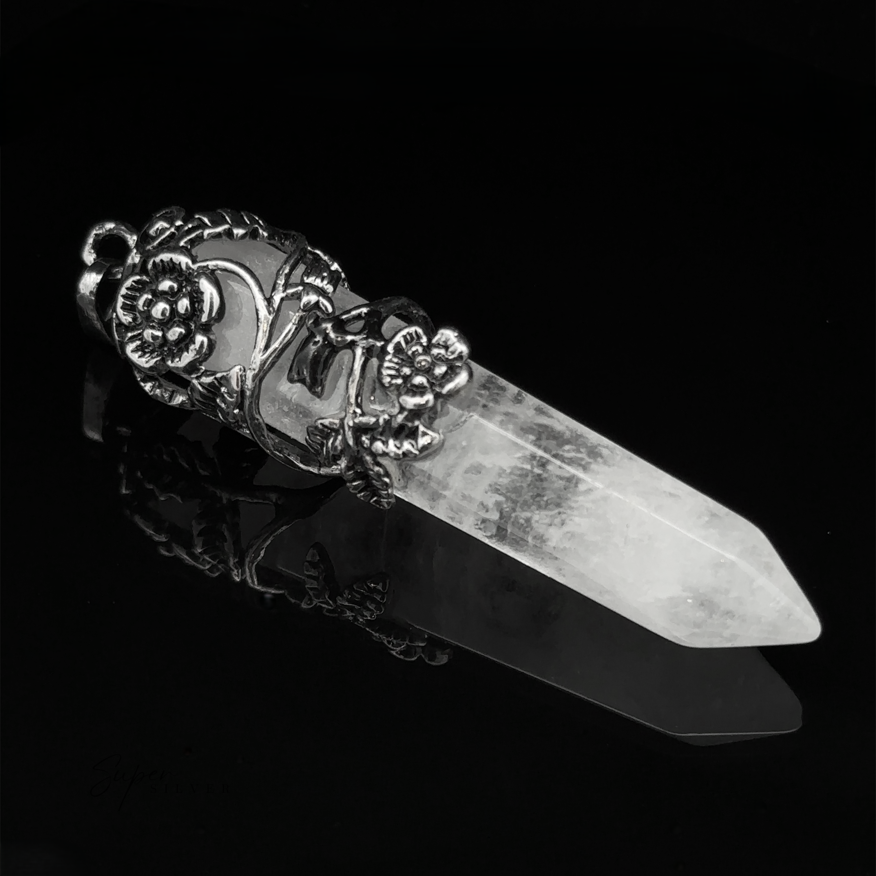 A Silver-Plated Flower Design Stone Pendant is displayed on a black background.