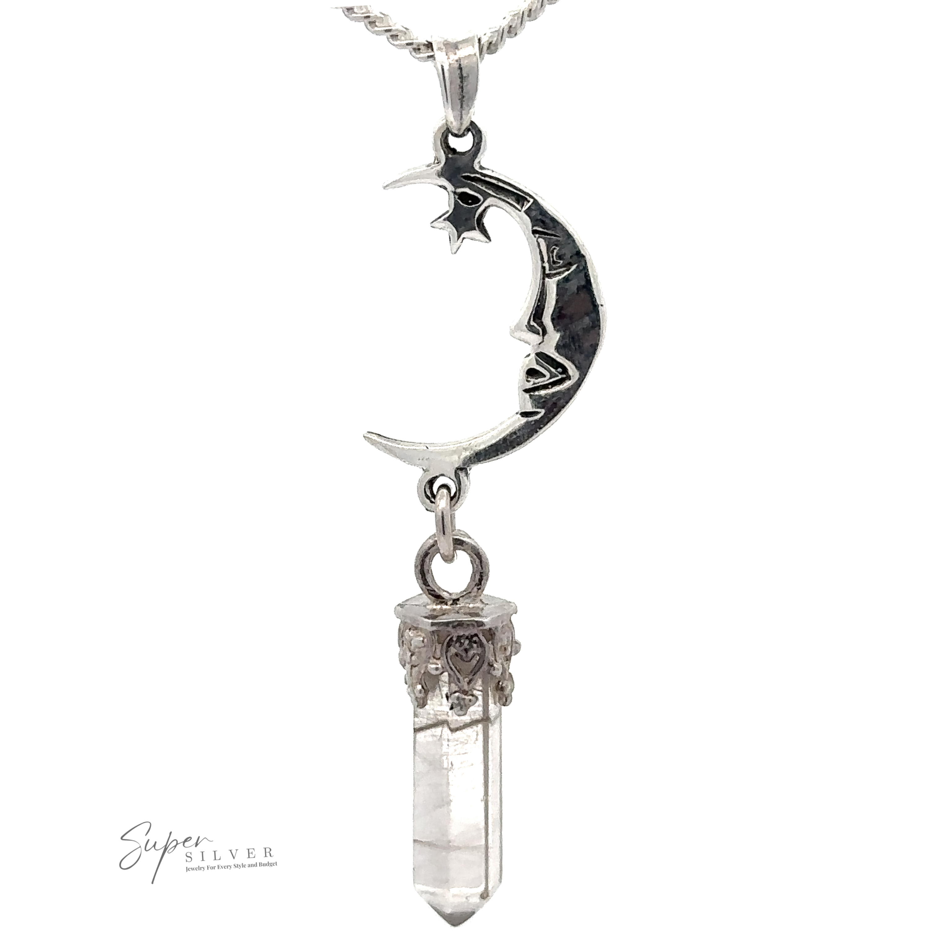 The Crescent Moon With Crystal Pendant is an elegant sterling silver necklace featuring a crescent moon, a small star, and a suspended clear quartz point.