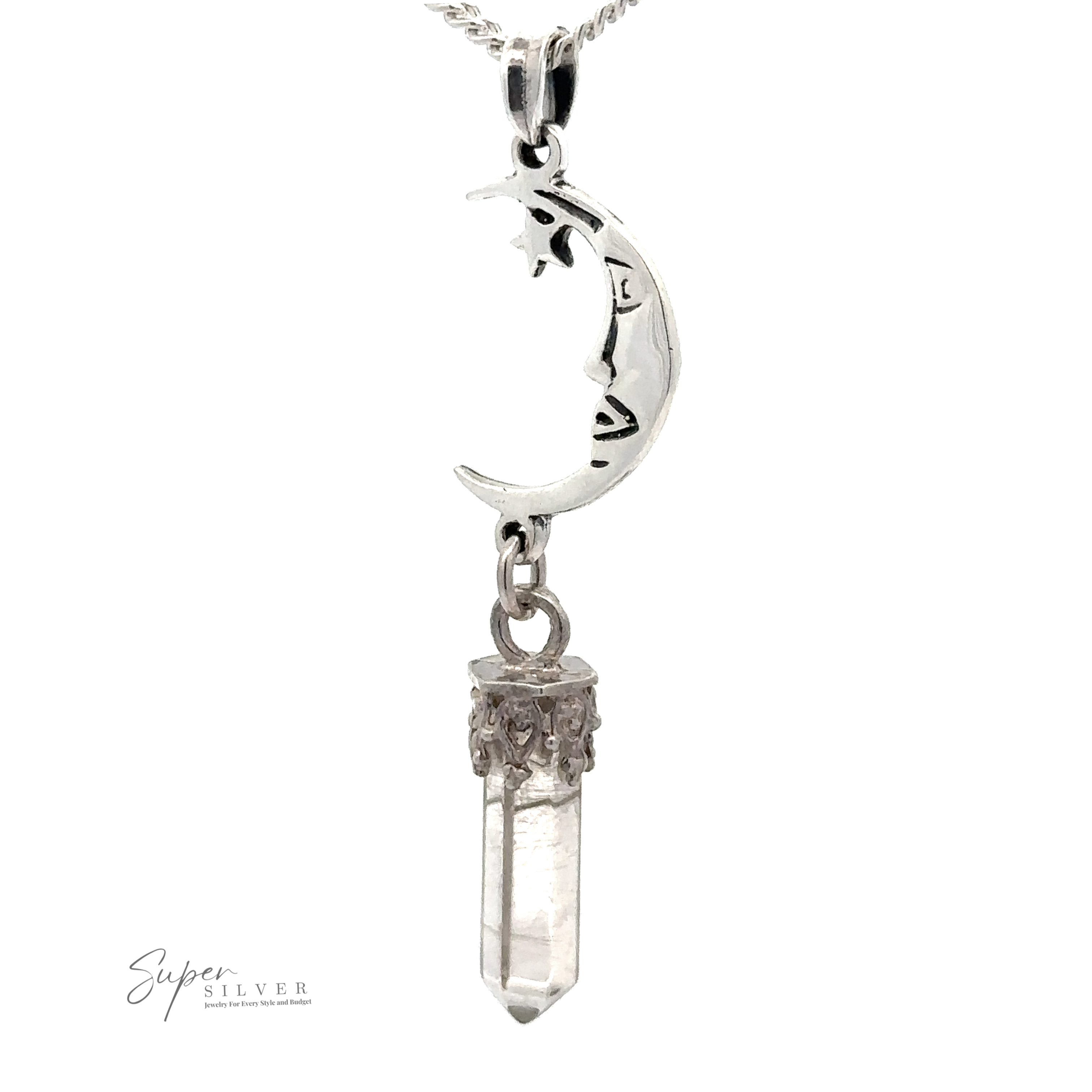 The Crescent Moon With Crystal Pendant is a sterling silver necklace featuring a crescent moon with a face design holding a clear faceted quartz crystal point.