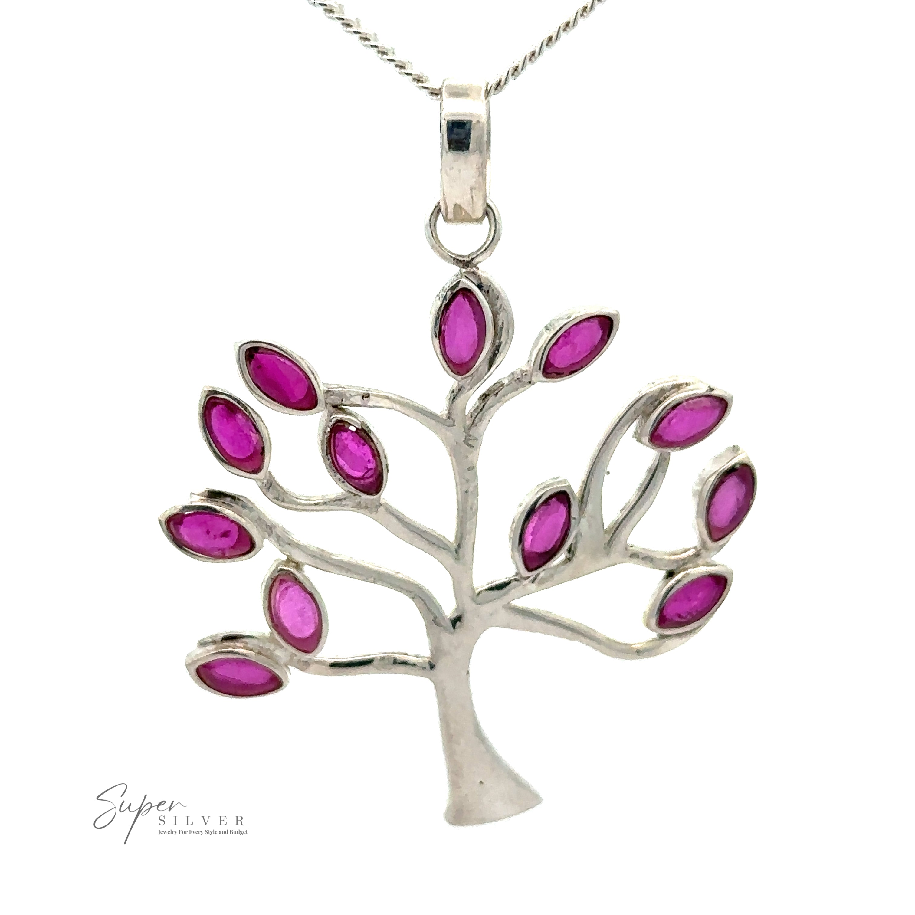 A Tree of Life Pendant with Stone Leaves hangs elegantly on a chain.