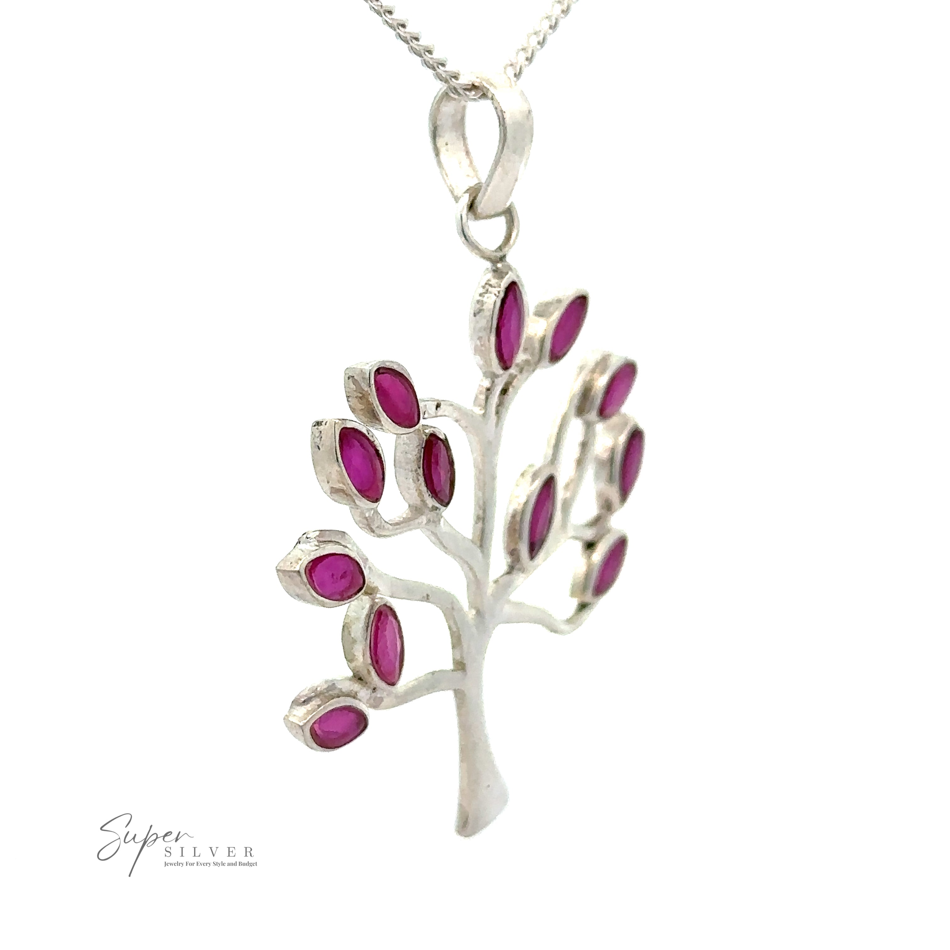 Description: Tree of Life Pendant with Stone Leaves with pink oval accents hanging from a delicate chain. Brand name "Super Silver" visible in the corner.