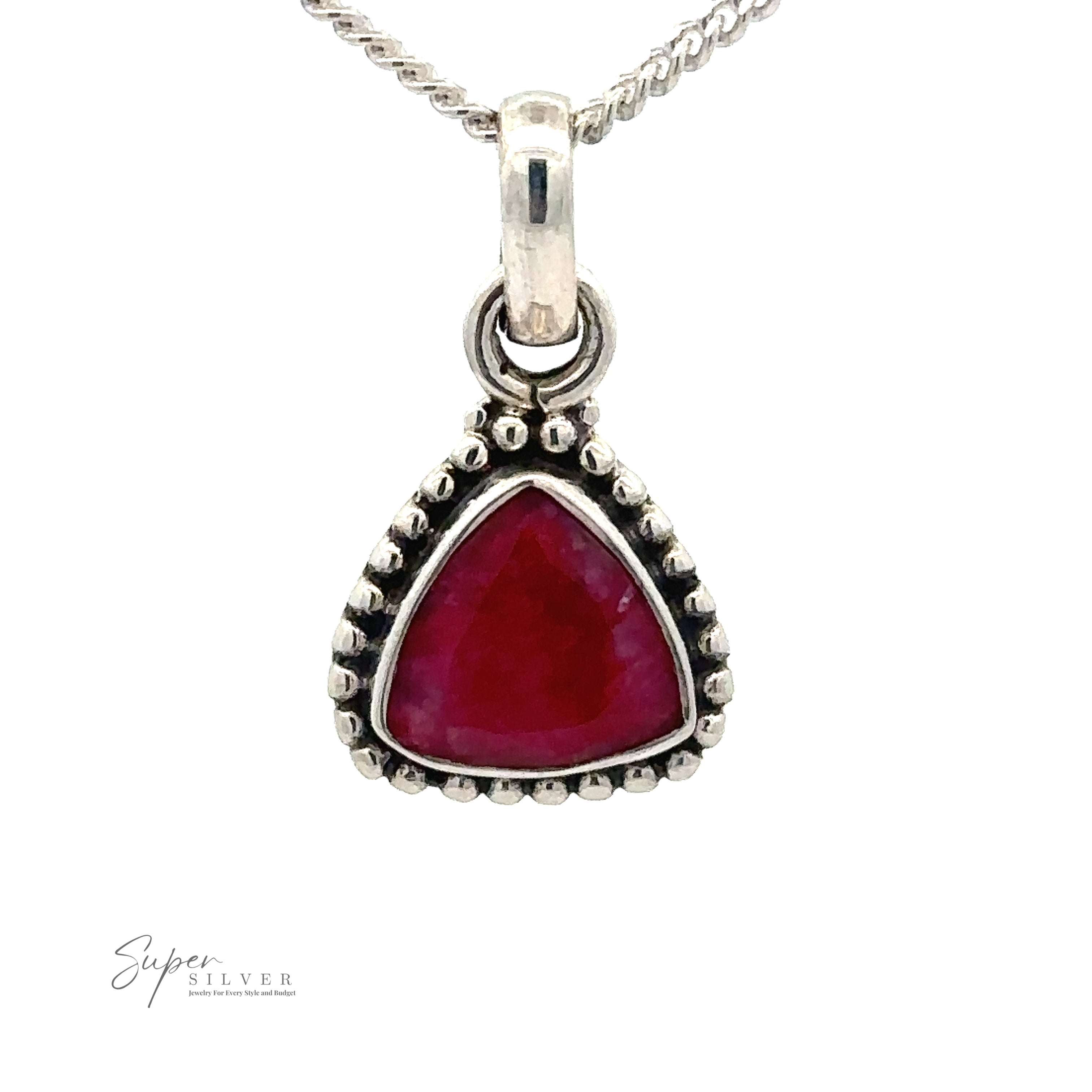 A Beautiful Triangular Shape Stone Pendant With Beaded Design set in a sterling silver frame with intricate beaded detailing, hanging from a silver chain. The "Super Silver" logo is visible in the bottom left corner.
