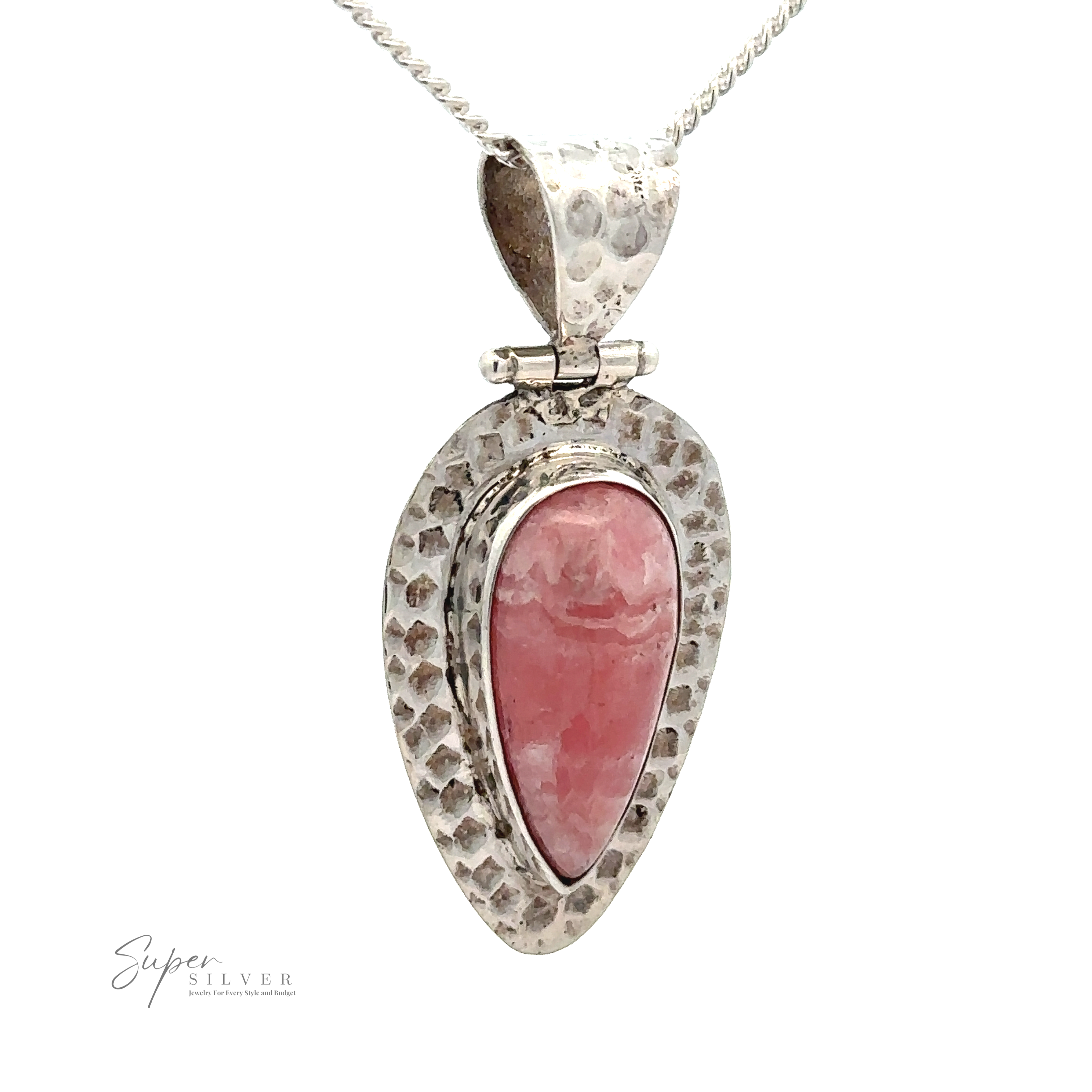 A Rhodochrosite Hammered Teardrop Pendant featuring a textured, teardrop-shaped frame with a Rhodochrosite gemstone in the center, known for its emotional healing properties. The unique design is completed by the pendant hanging from an elegant silver chain.