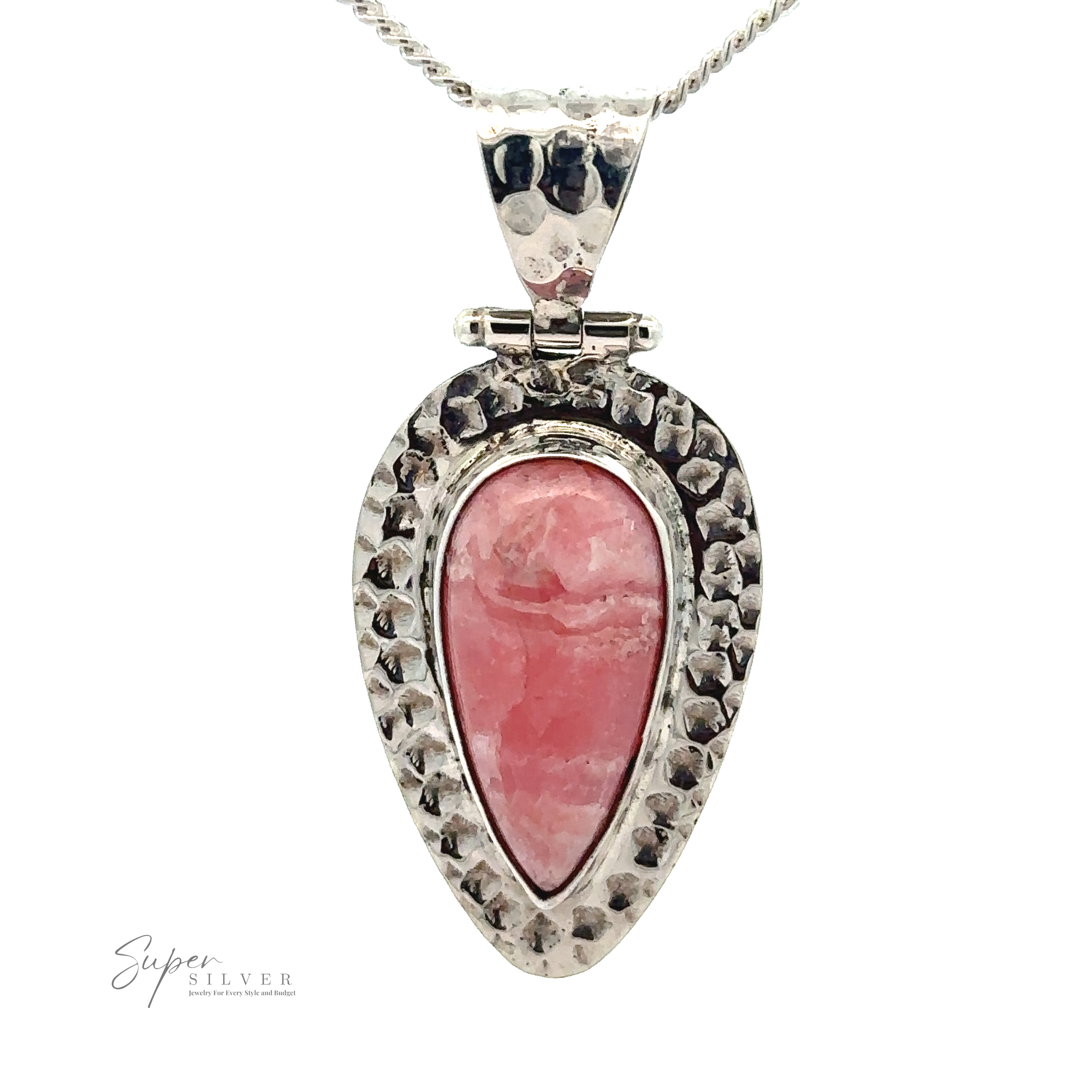 This unique Rhodochrosite Hammered Teardrop Pendant, teardrop-shaped and pink, features a hammered silver frame and hangs gracefully from a twisted silver chain. Known for its emotional healing properties, this piece is both stylish and meaningful.