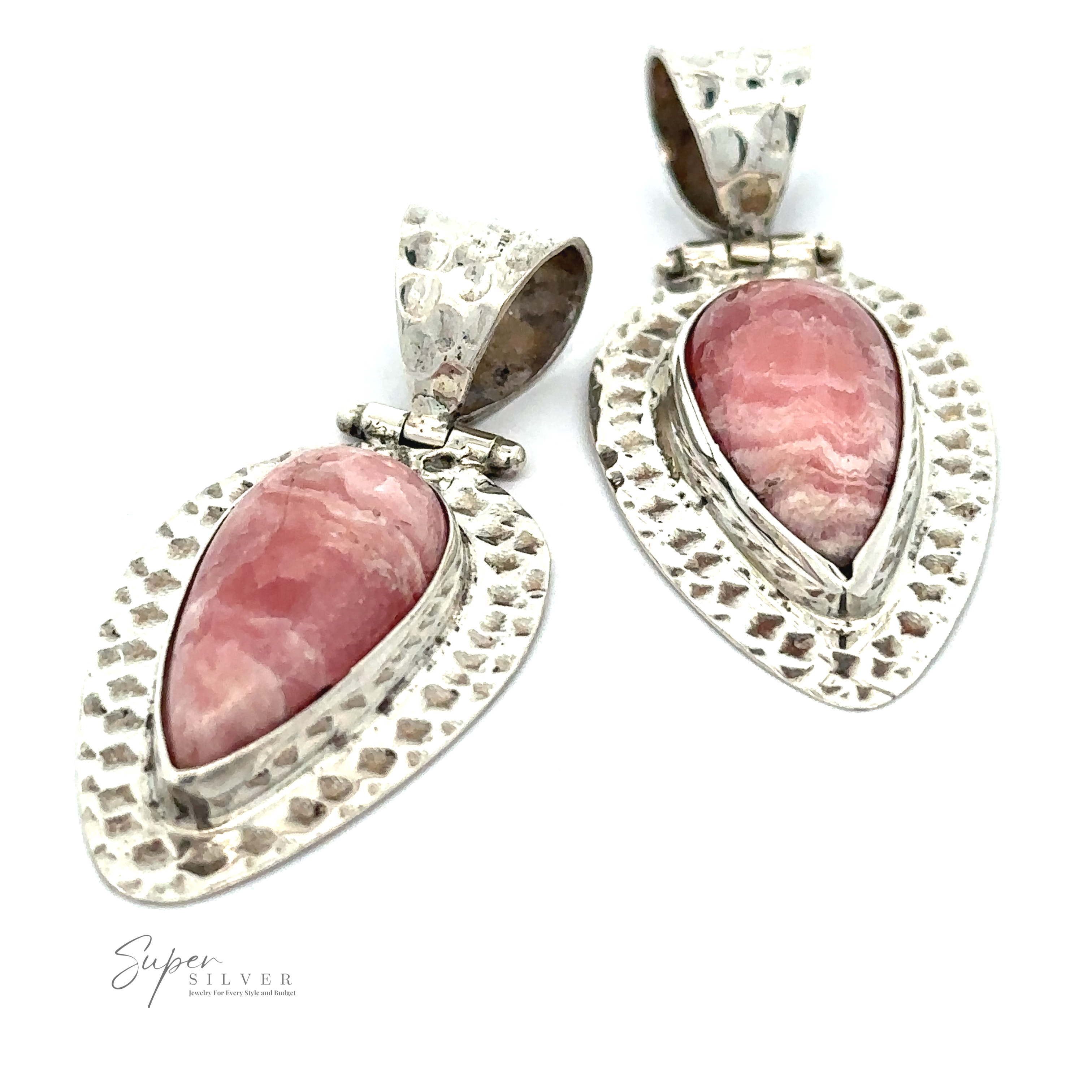 A Rhodochrosite Hammered Teardrop Pendant is displayed on a white background. The stones, known for their emotional healing properties, feature subtle variations in shades of pink. "Super Silver" brand is noted at the bottom, emphasizing their unique design.