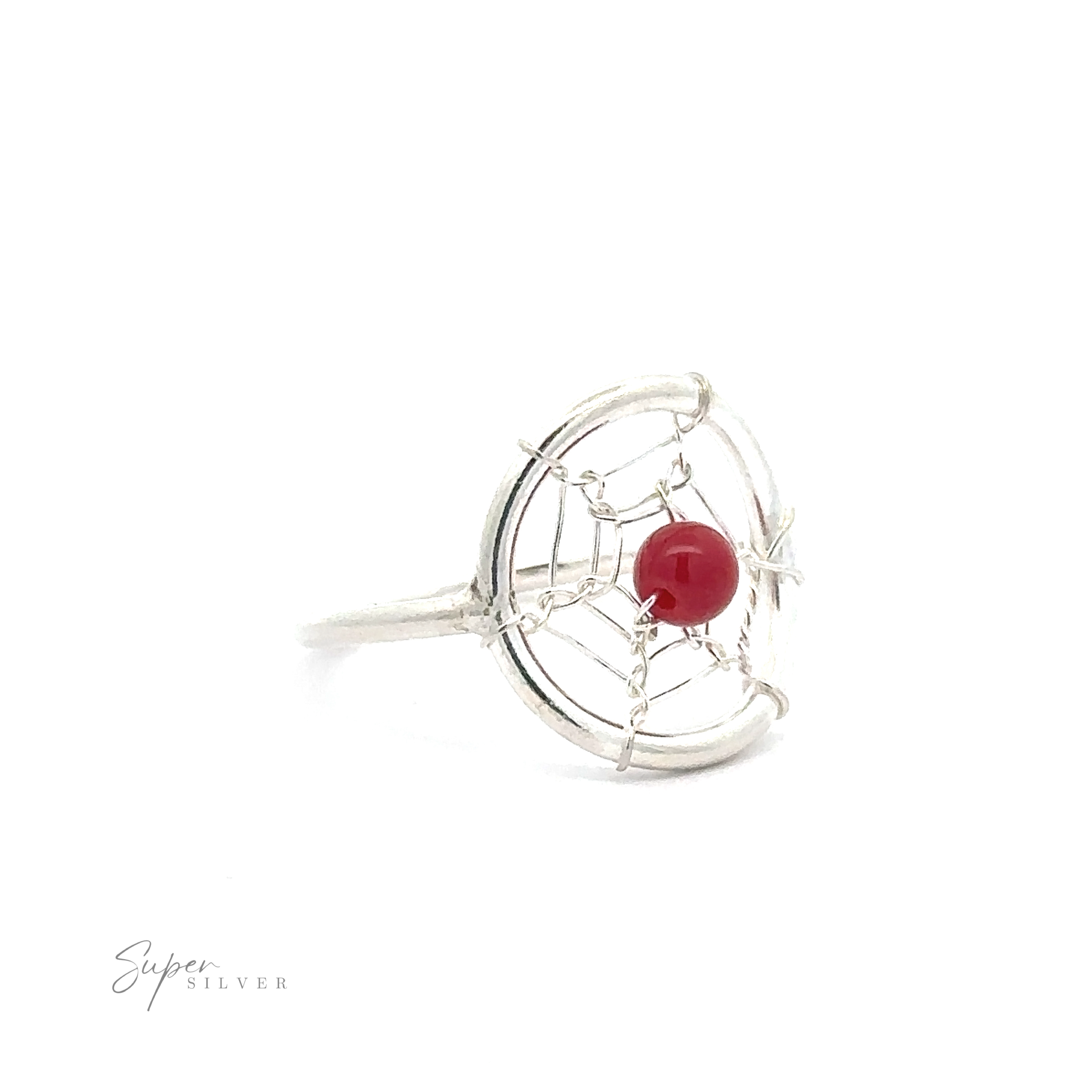 Wire Dreamcatcher Ring with Bead featuring a single red gemstone at the center, on a white background.