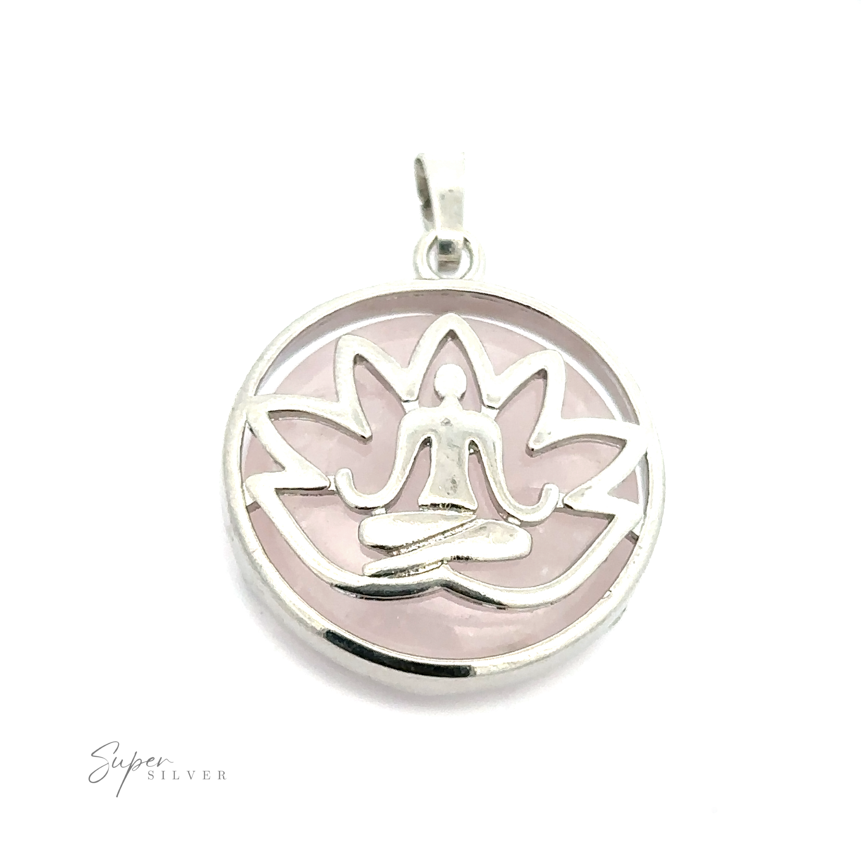 A Silver Plated Lotus Meditation Pendant with Gemstone, featuring a person in a meditative pose within an intricate lotus design on a pink background.