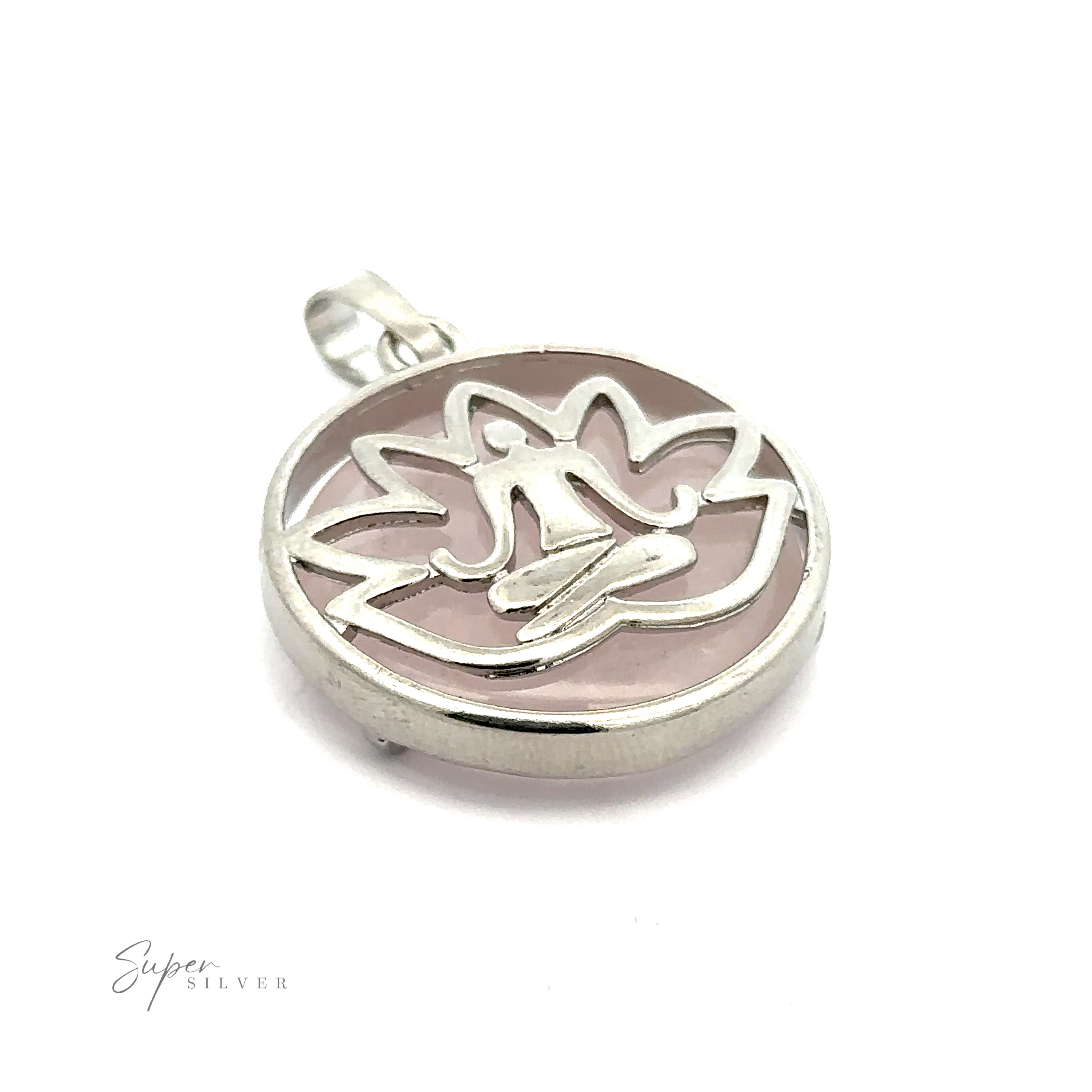 Silver Plated Lotus Meditation Pendant with Gemstone featuring an open lotus design of a seated meditating figure, enhanced with a round gemstone at the center, all set against a pink background.