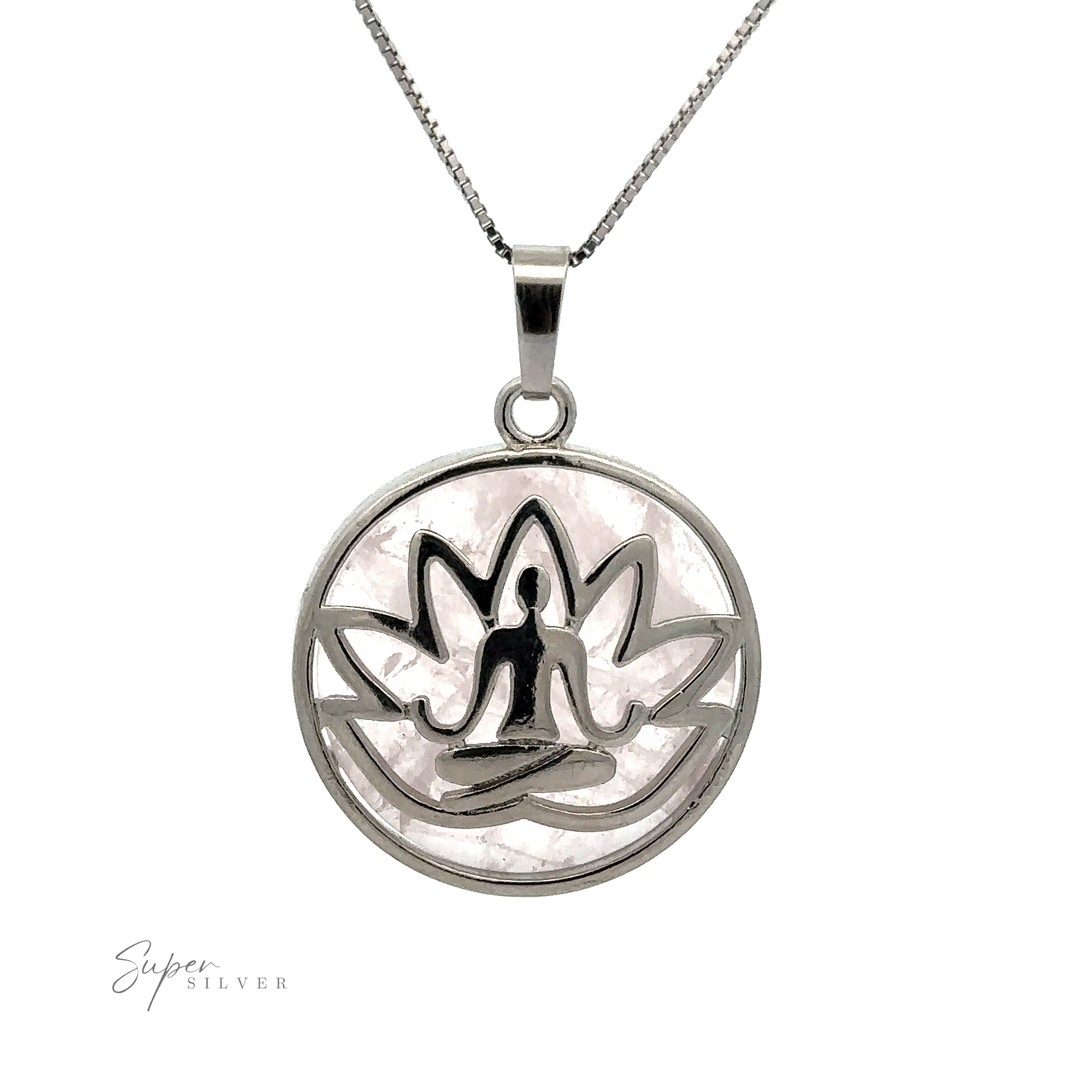 Silver Plated Lotus Meditation Pendant with Gemstone featuring a figure in a meditative pose within an intricate lotus design, adorned with a round gemstone, hanging from a chain.