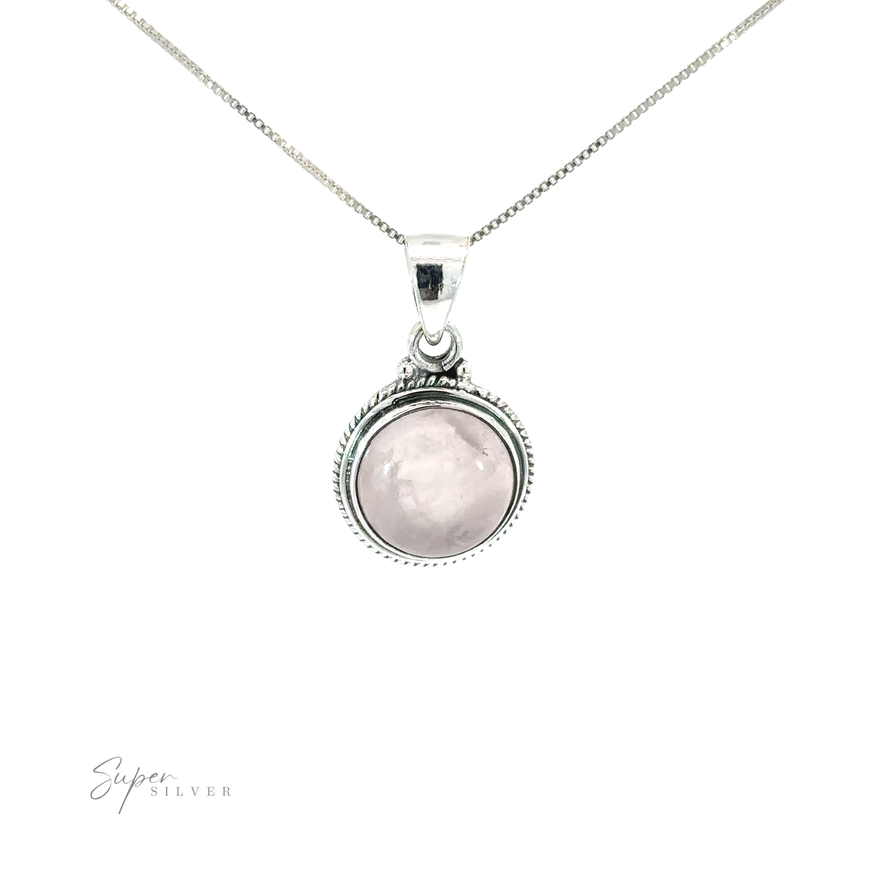 A Round Stone Pendant with Rope Border on a silver chain.