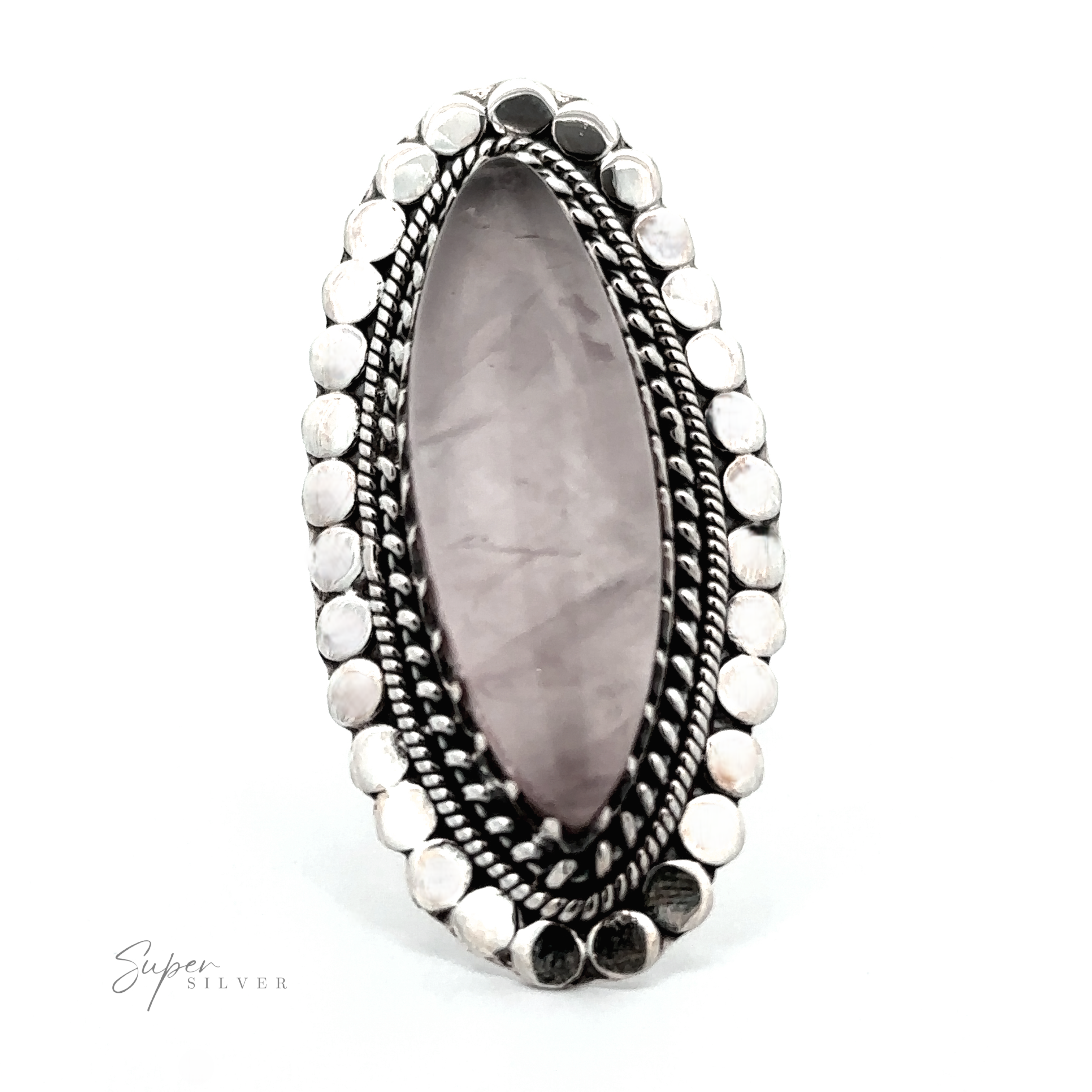 A Statement Marquise Shaped Gemstone Ring with a marquise-shaped pink gemstone, surrounded by a beaded decorative border.