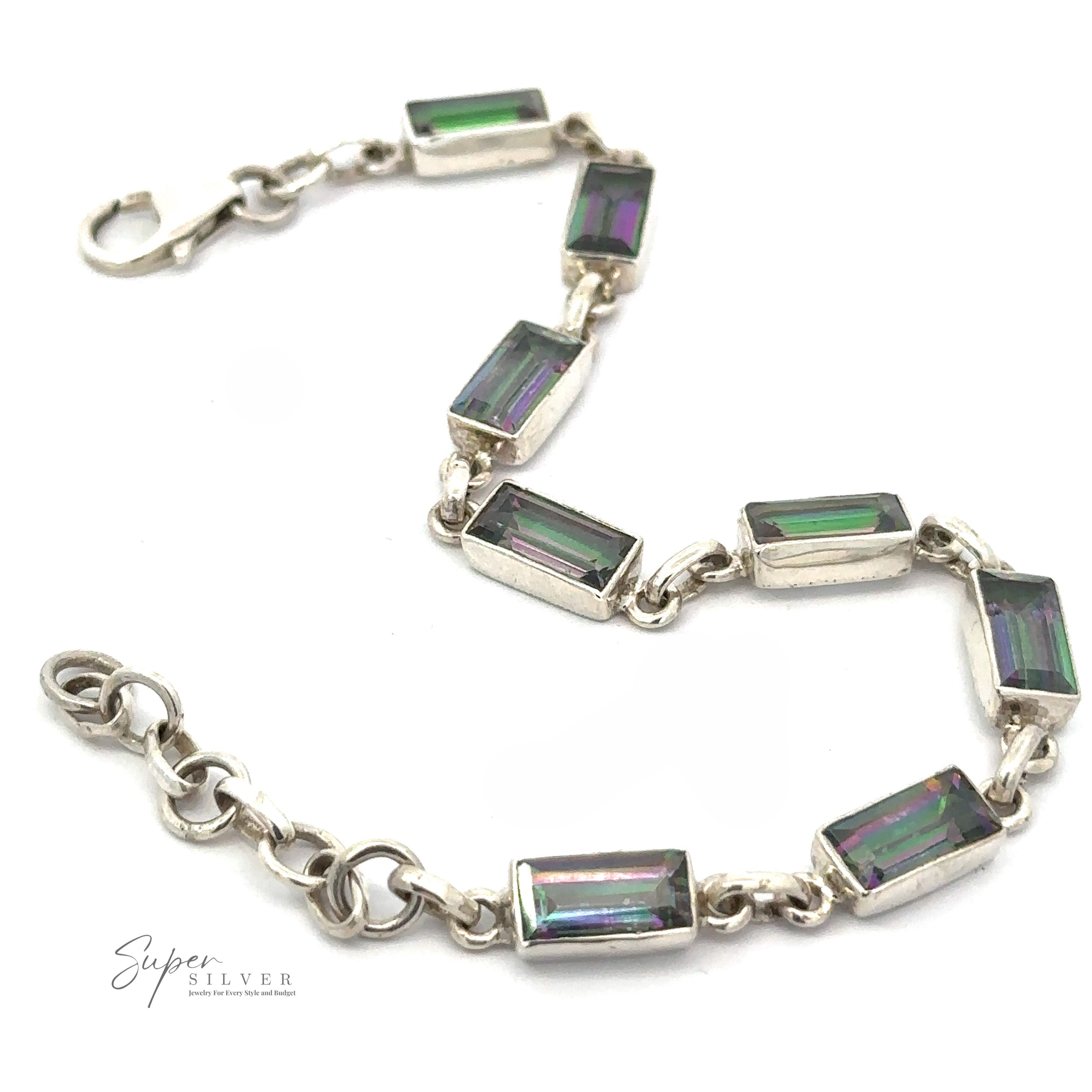 This Rectangle Rainbow Mystic Topaz Bracelet, adorned with rectangular iridescent mystic topaz gemstones, features a secure clasp and is elegantly displayed against a white background.