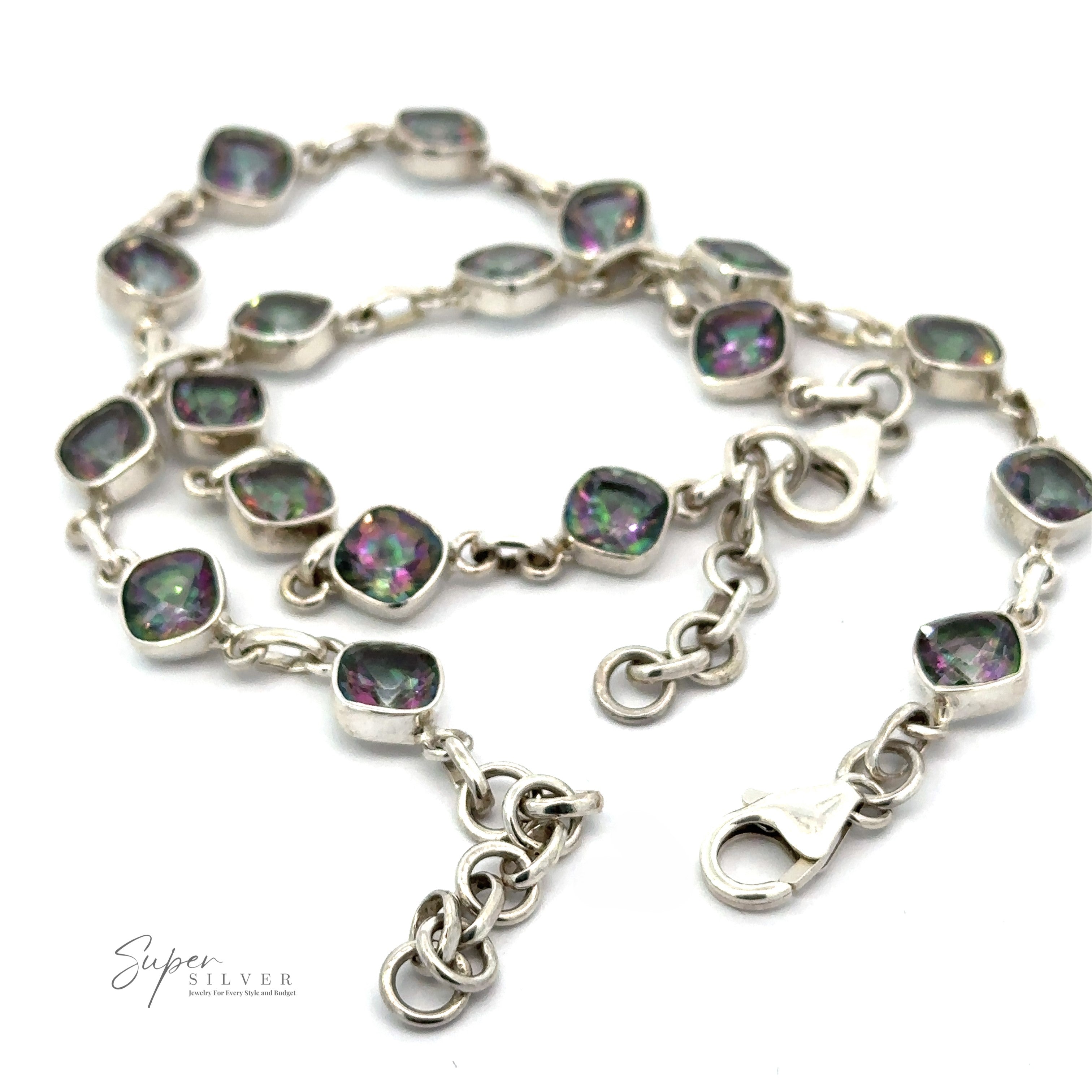 A Rainbow Mystic Topaz Diamond Link Bracelet with rectangular multicolored gemstone links, featuring a lobster clasp closure, displayed against a white background. "Super Silver" branding is visible in the bottom left corner.