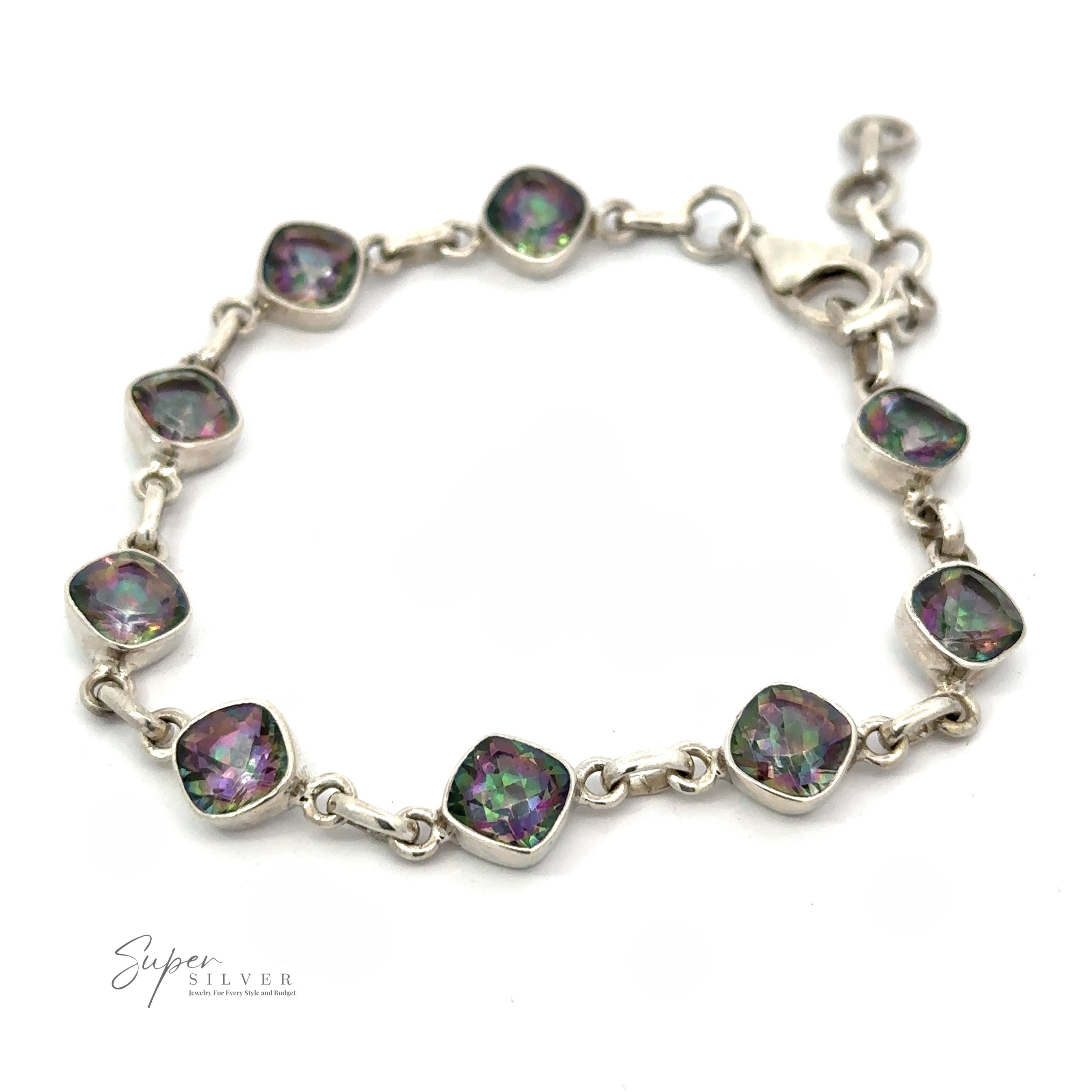 A Rainbow Mystic Topaz Diamond Link Bracelet featuring nine multicolored gemstone links set in square frames. The bracelet, with a lobster clasp, includes a dazzling Mystic Topaz and is part of the "Super Silver" collection. The logo is placed at the bottom left of the image.