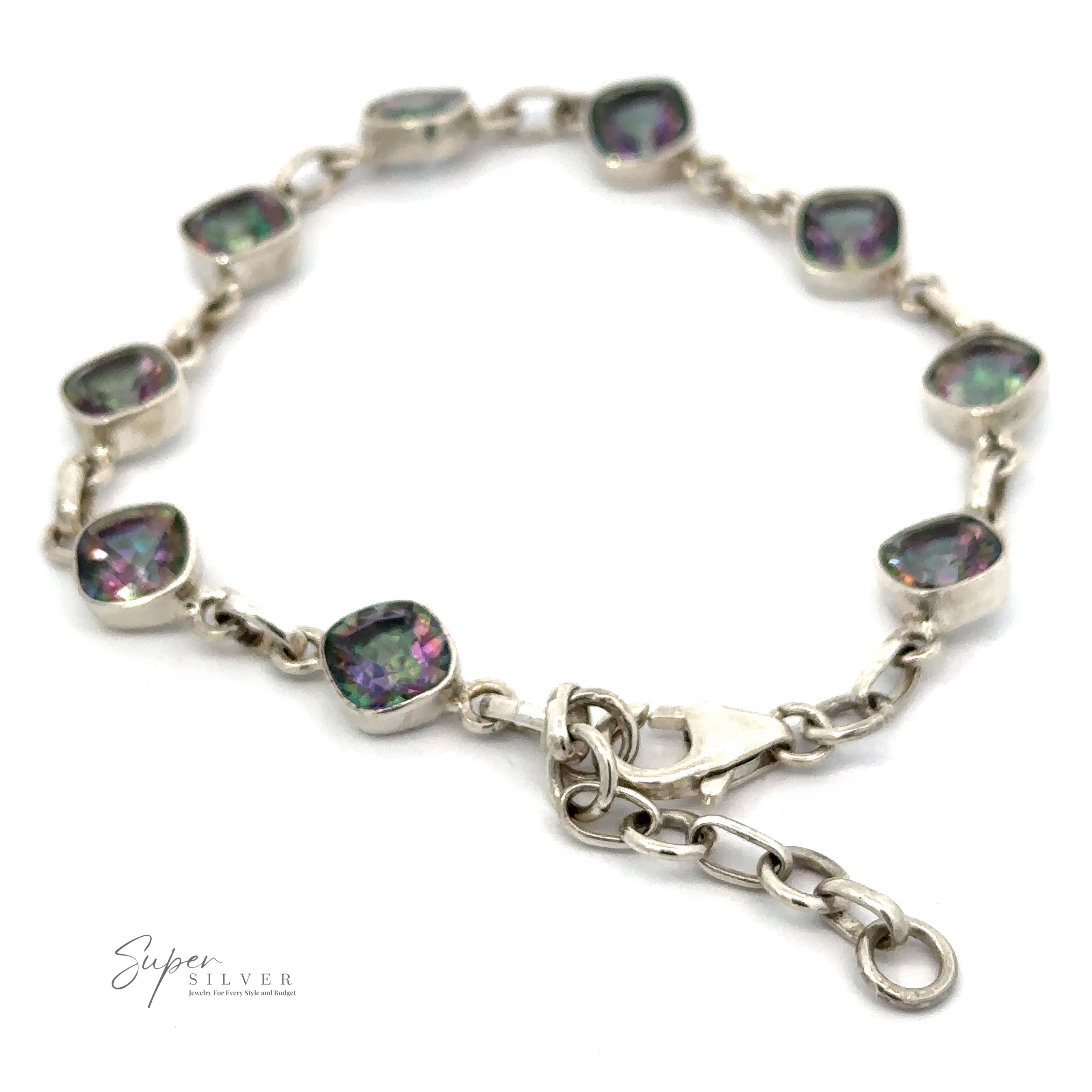 A Rainbow Mystic Topaz Diamond Link Bracelet with a lobster clasp featuring square-shaped, prismatic Mystic Topaz stones set in linked frames. The bracelet is displayed on a white background.