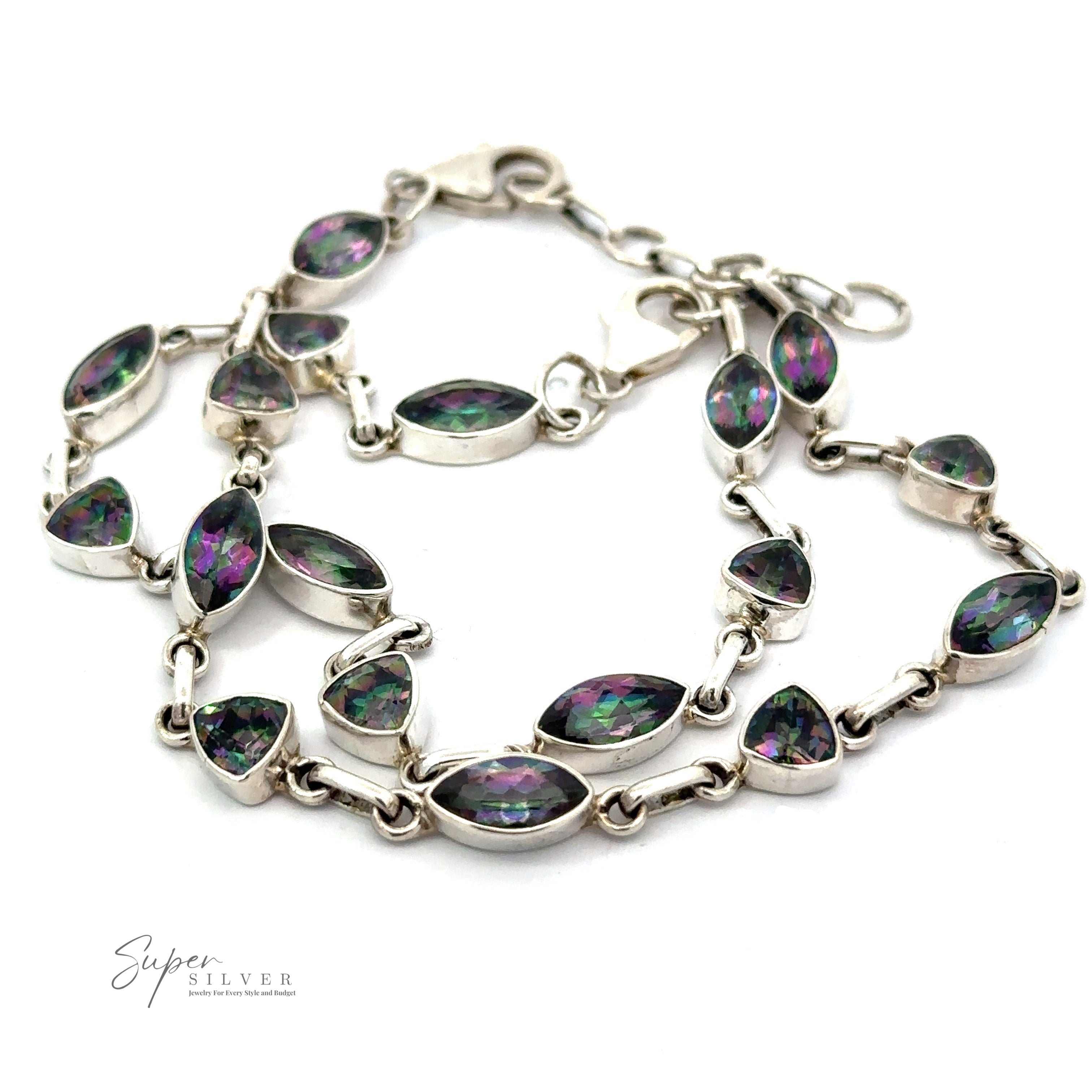 A Rainbow Mystic Topaz Marquise and Triangle Shape Link Bracelet featuring marquise-shaped mystic topaz gemstones with green and purple hues, laid out on a white background. The bracelet has a lobster clasp closure, showcasing the "Super Silver" logo.