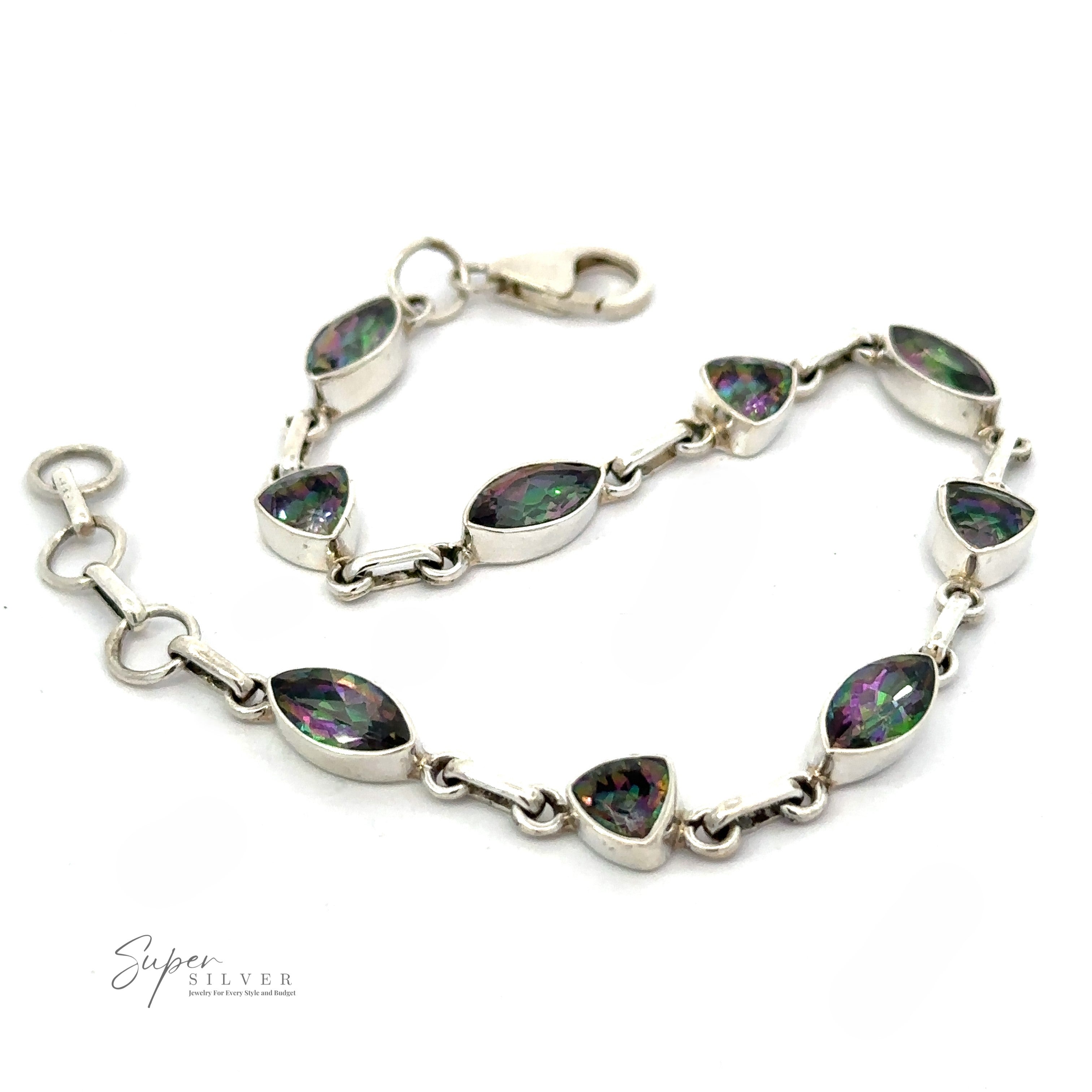 A Rainbow Mystic Topaz Marquise and Triangle Shape Link Bracelet featuring a geometric design with multiple teardrop and triangle-shaped iridescent gemstones, secured by a simple lobster clasp.