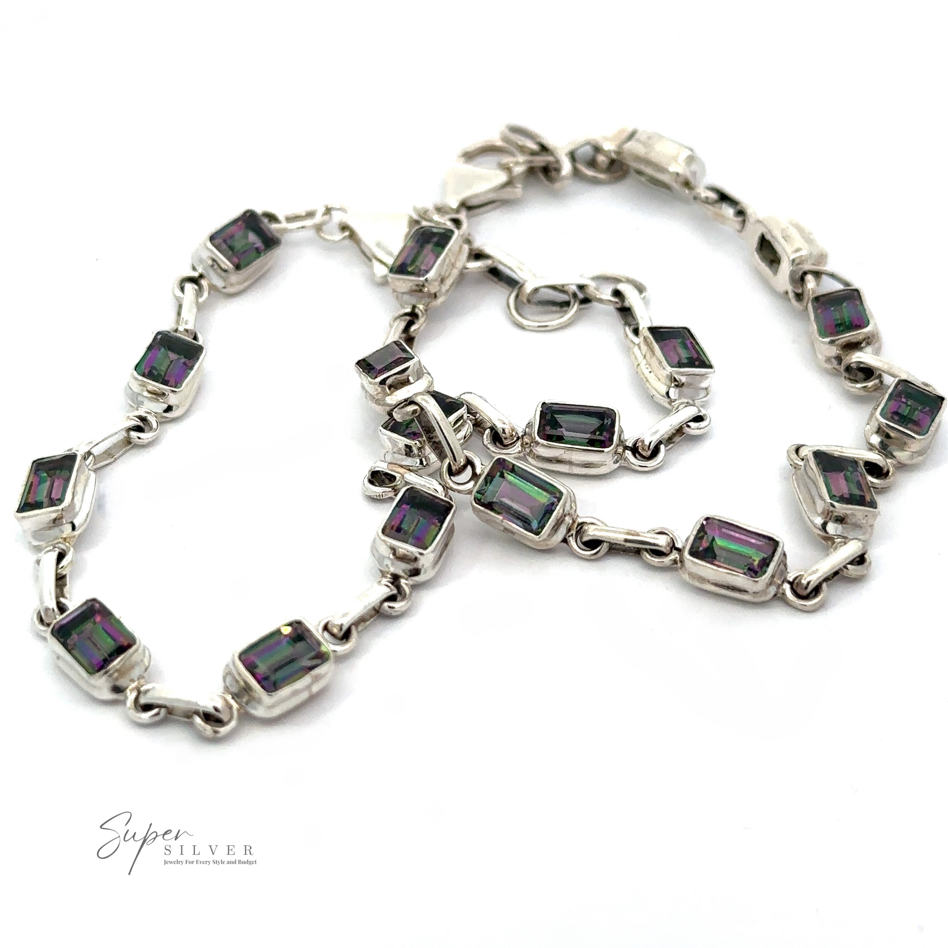 A Rainbow Mystic Topaz Rectangle Link Bracelet adorned with purple stones.