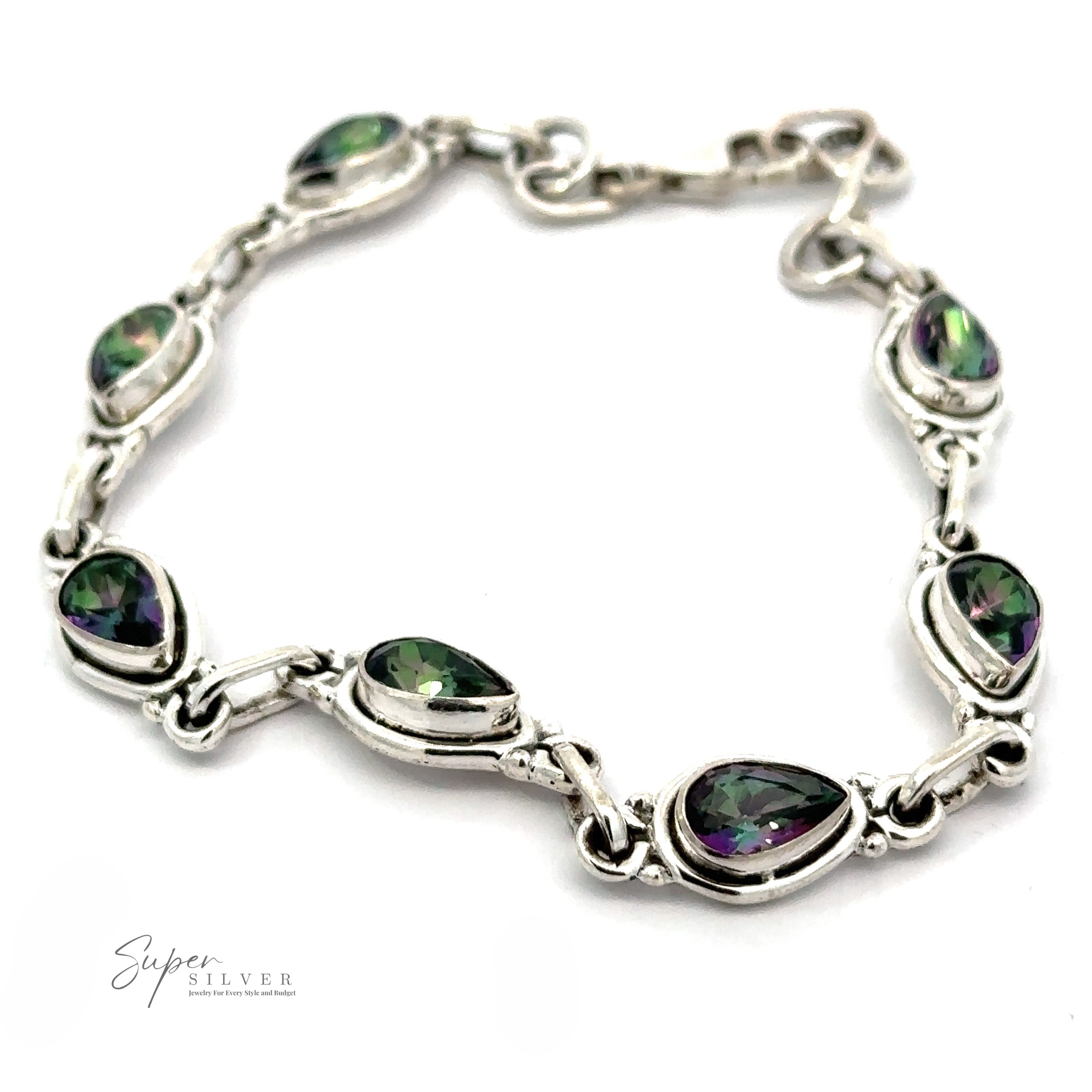 A Rainbow Topaz Bordered Teardrop Bracelet with green and purple gem accents, featuring a secure clasp and brand logo "Super Silver" in the corner.