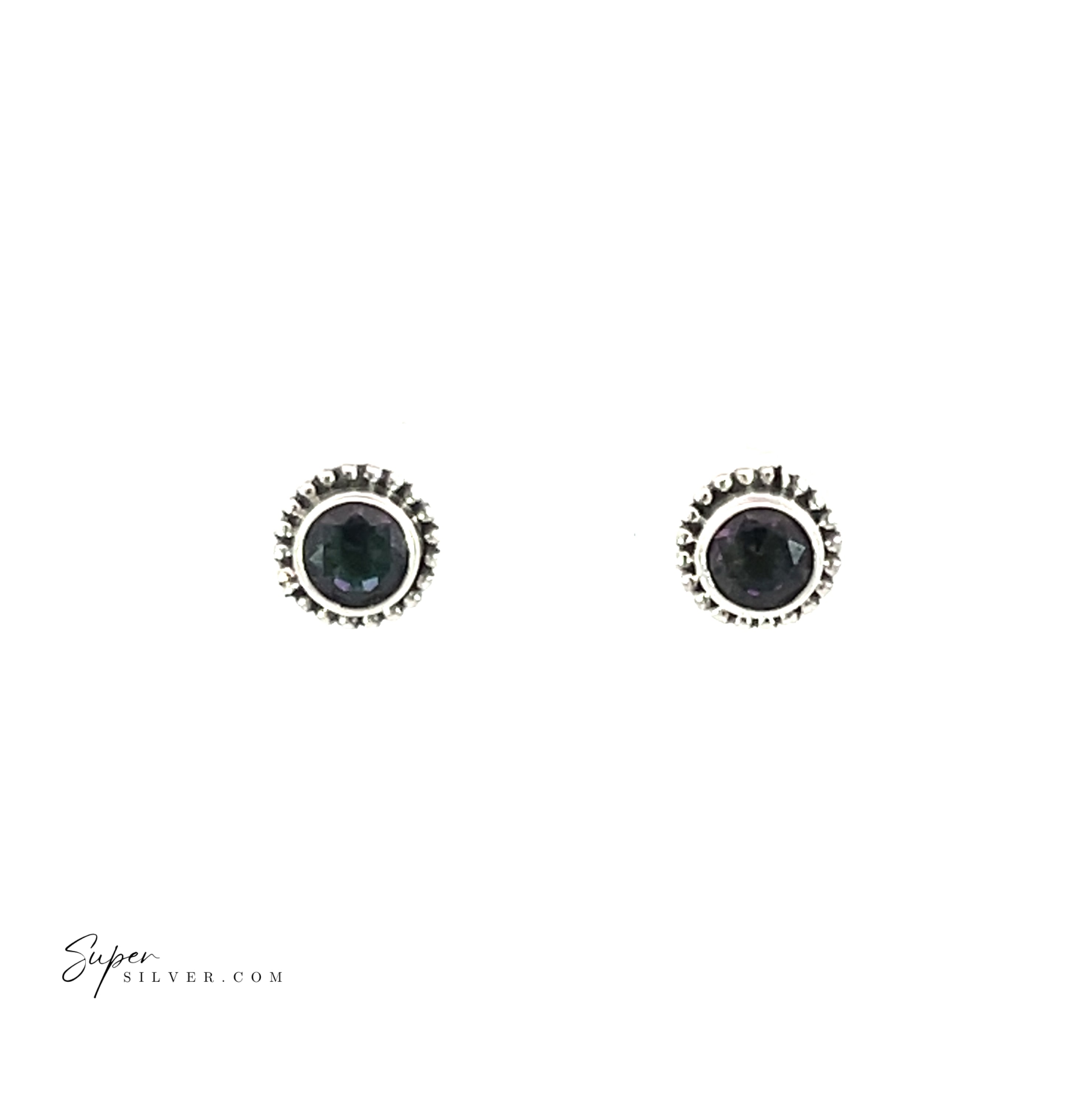 Beaded Round Faceted Gemstone Studs: round sterling silver earrings featuring dark faceted gemstone centers and decorative beaded borders, displayed on a white background.
