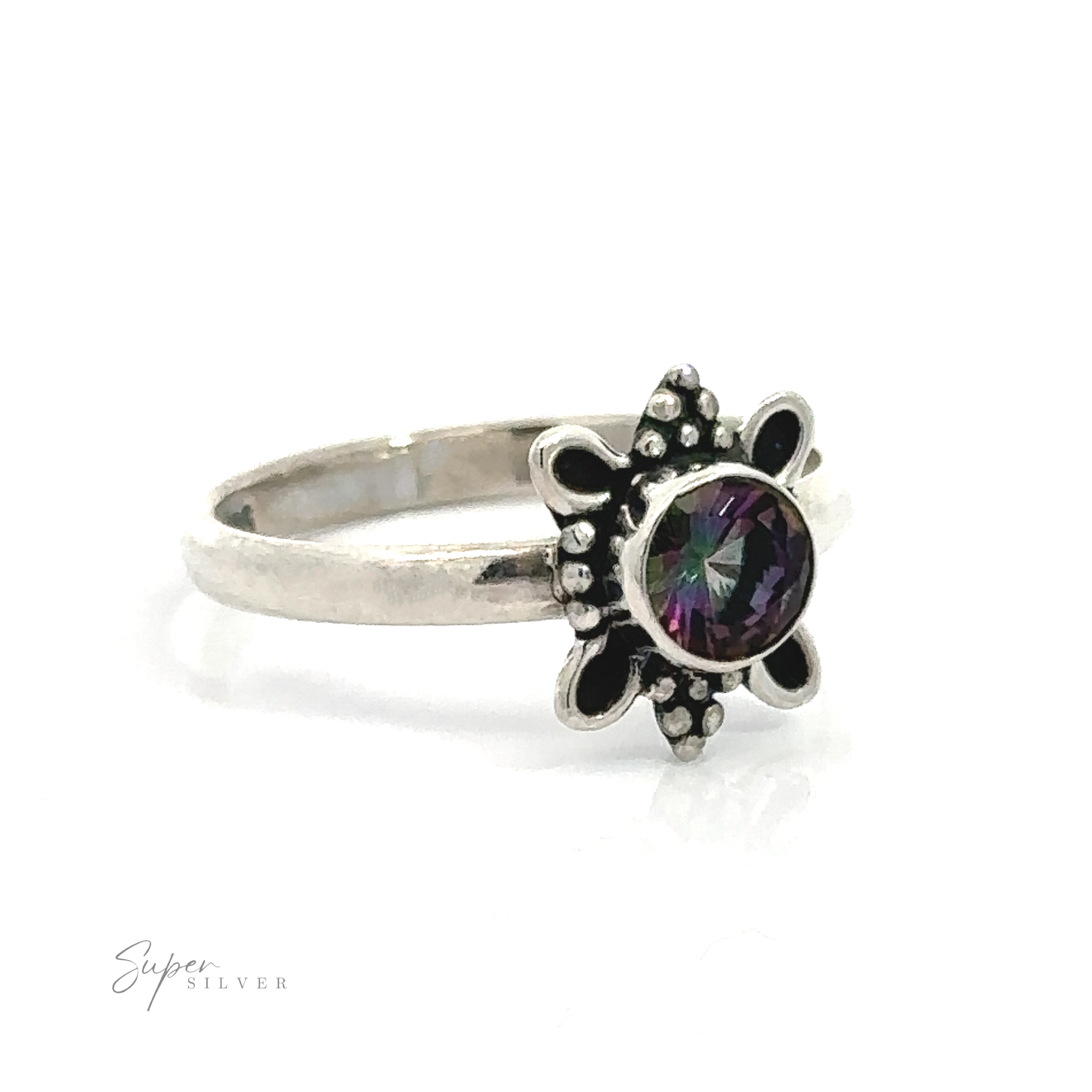 Round Faceted Gemstone Ring with Ball and Loop Design with a central gemstone surrounded by a nature-inspired floral design.