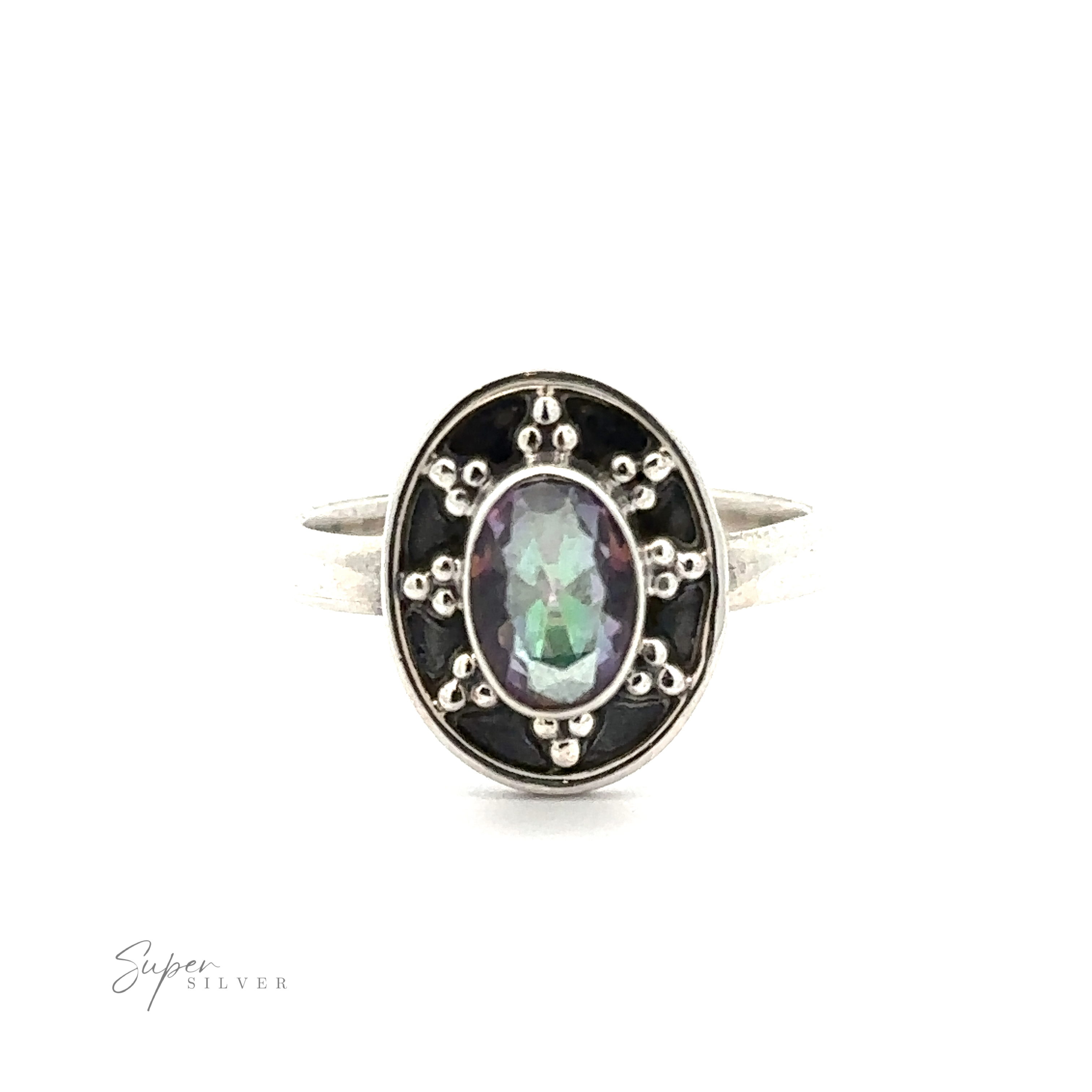 Oval Gemstone Ring with Ball and Disk Border: Silver ring with an oval multi-colored gemstone in the center, surrounded by small round silver accents on a black background. The plain sterling silver band adds a touch of elegance. The brand "Super Silver" is visible on the left, adding to its vintage-inspired jewelry appeal.