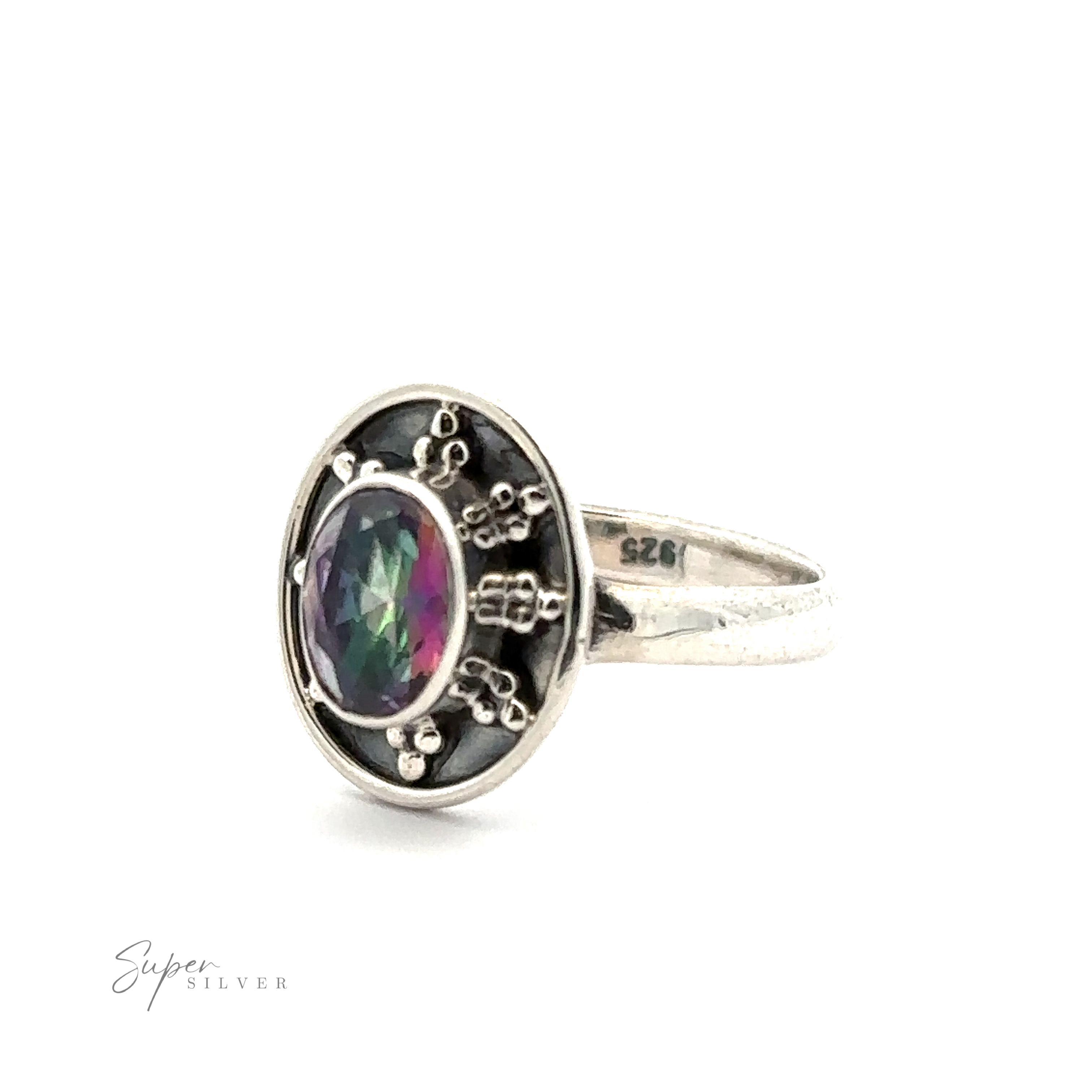 A vintage-inspired Oval Gemstone Ring with Ball and Disk Border with a colorful gemstone set in the center, surrounded by an intricate design, and stamped with "925" on the band.