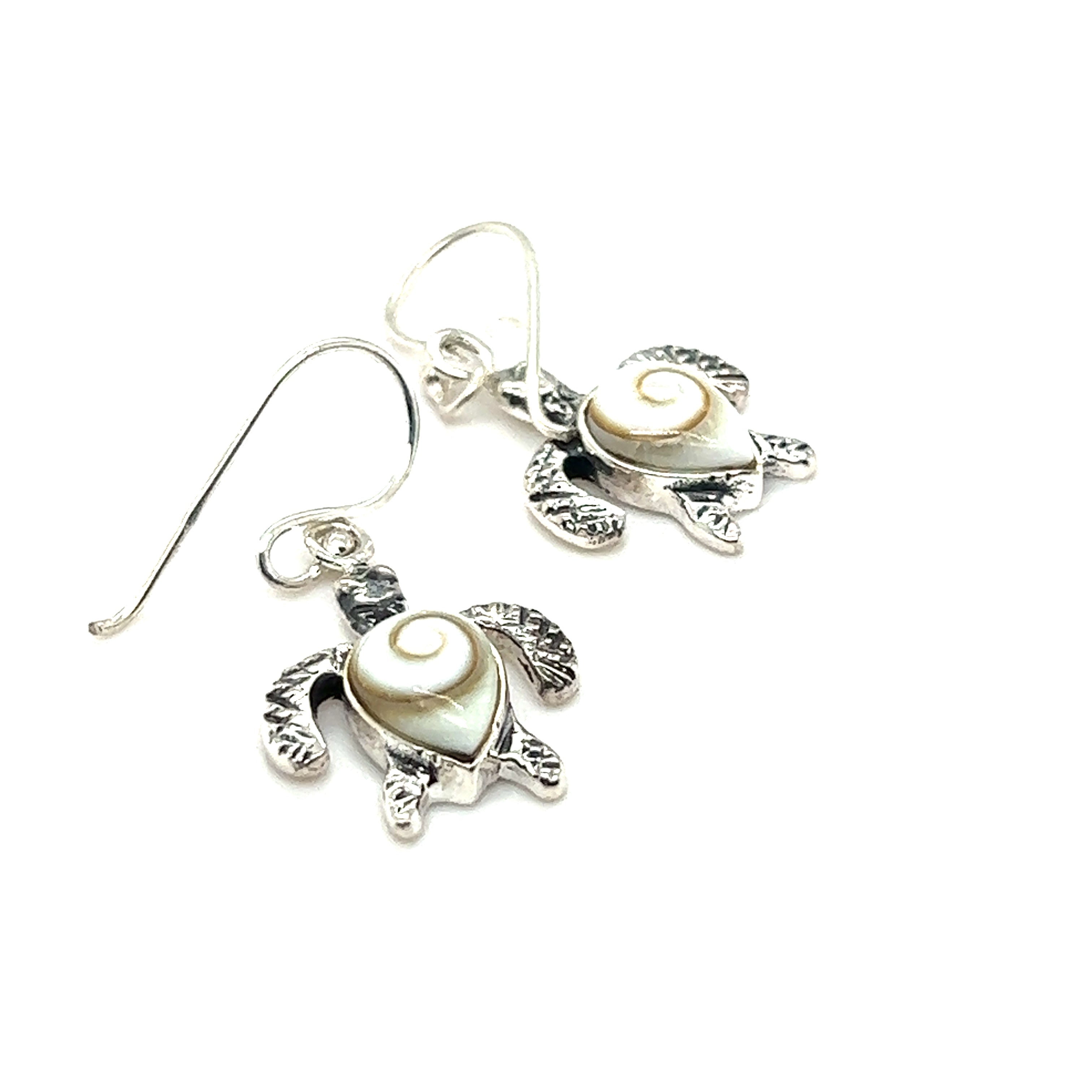 A pair of Super Silver Sea Turtle Earrings with Shiva Shell featuring Shiva Shell accents.