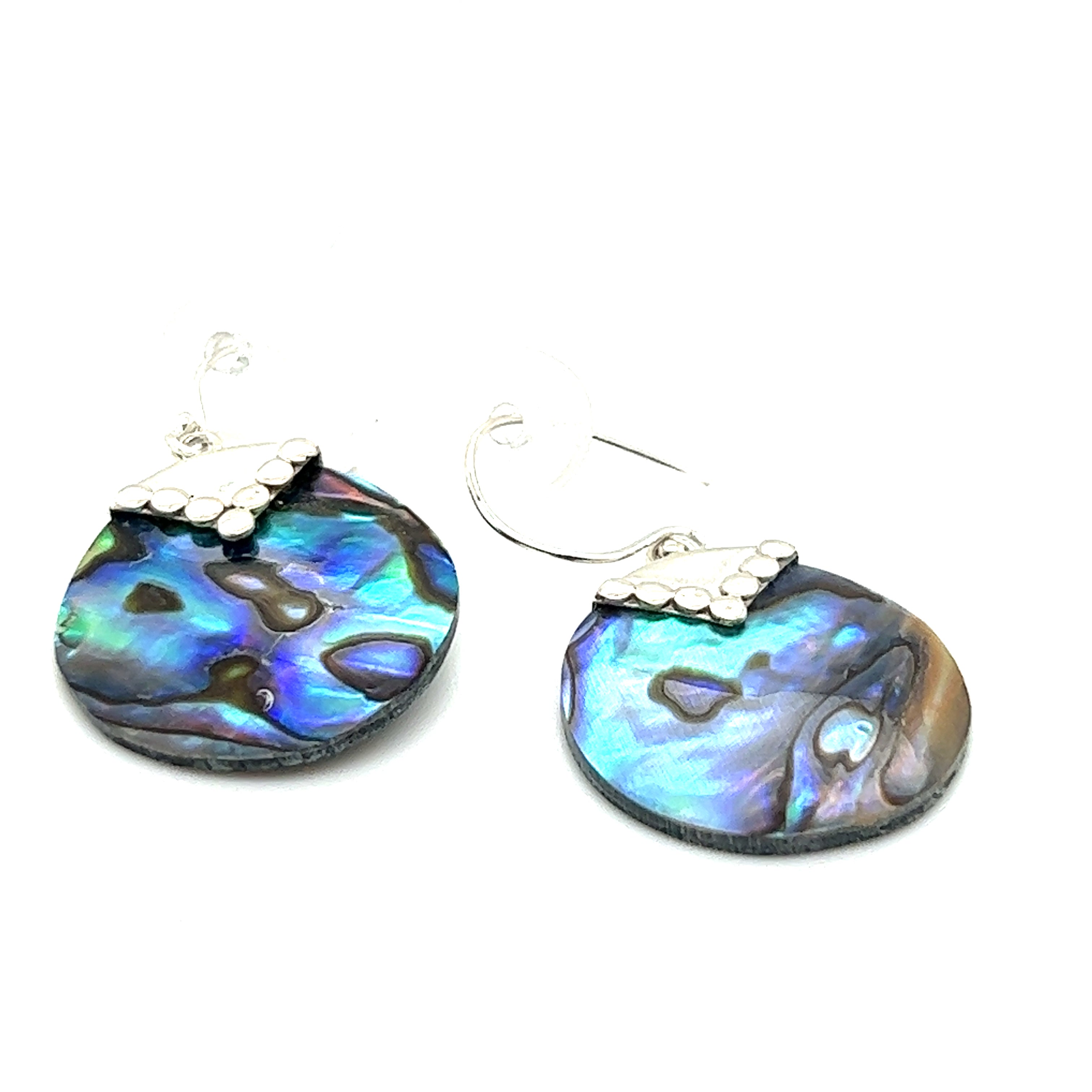 A pair of Super Silver Abstract Abalone Earrings on a white background, exuding sea charm.