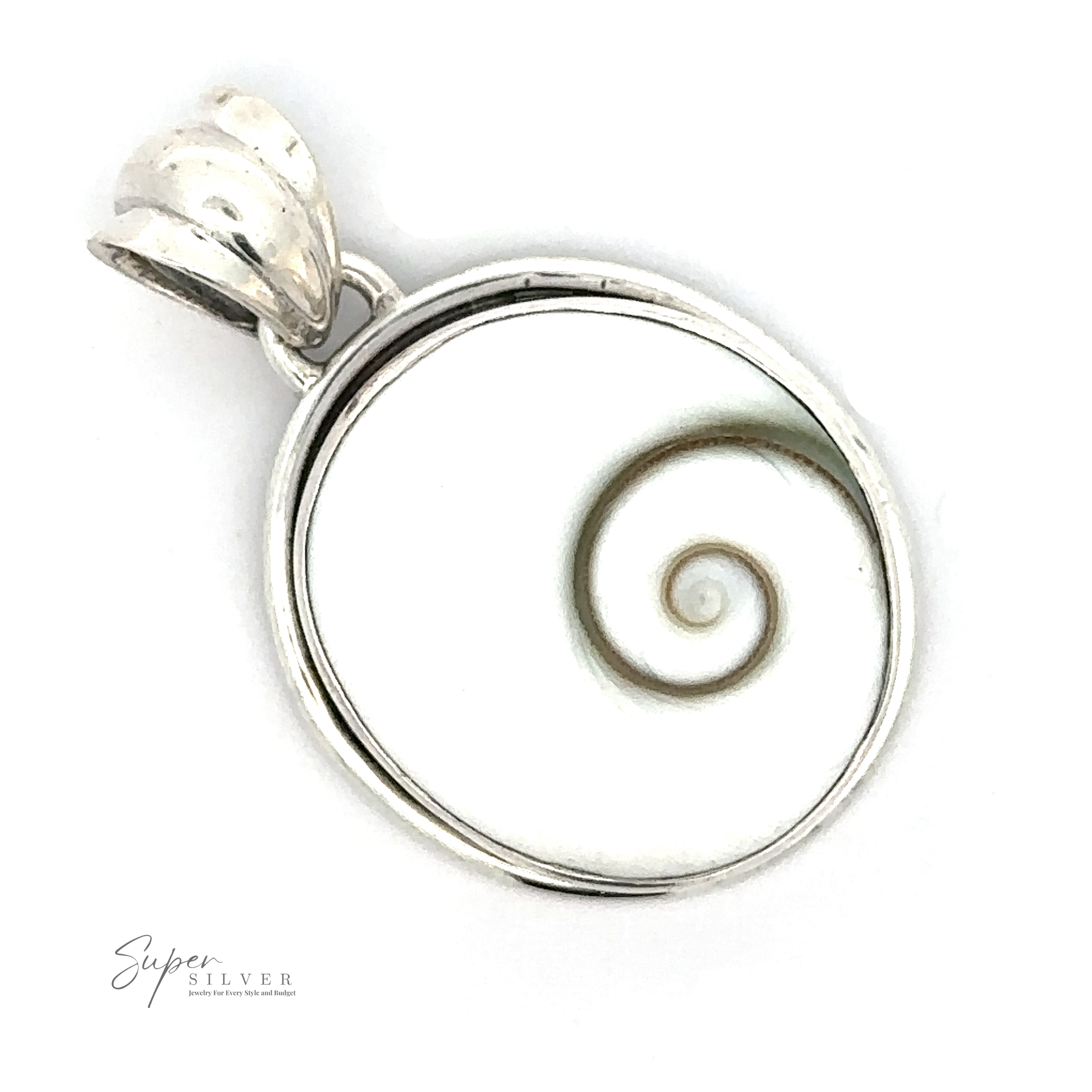 A Shiva Shell Pendant featuring a round white shell with a natural spiral pattern in the center. The shell is encased in a silver frame with a bail for attaching to a chain. Perfect as an ocean lover accessory, the "Super Silver" logo is seen, adding to its bohemian jewelry charm.