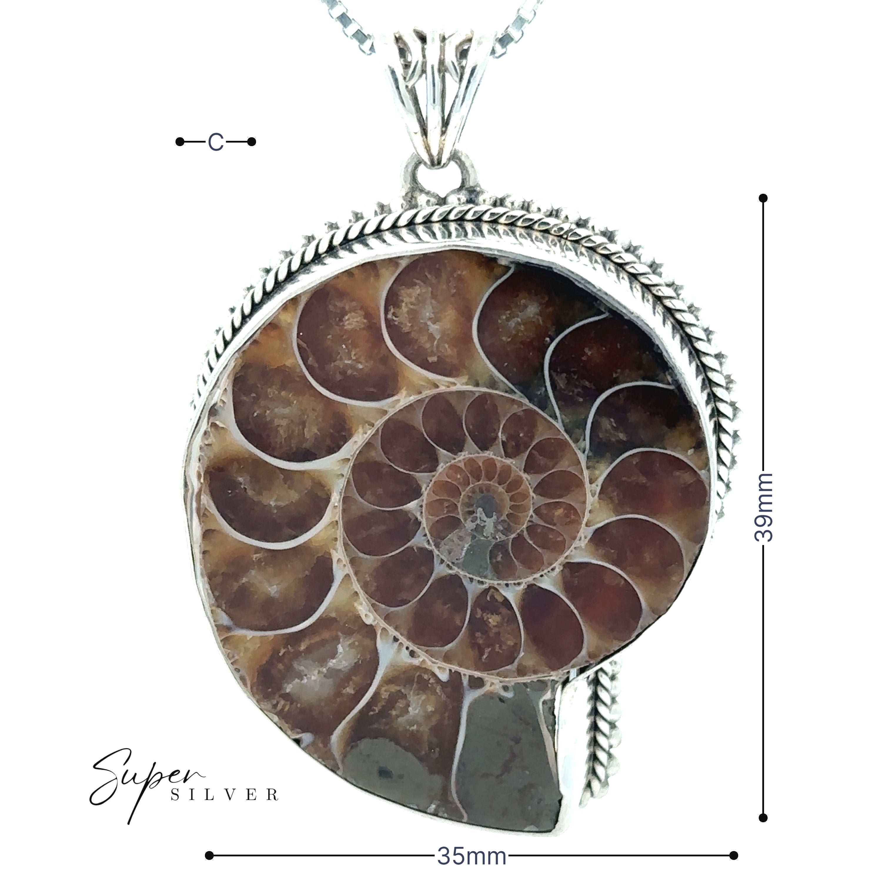 The Nautilus Pendant is a unique piece of fossil jewelry—a sterling silver pendant showcasing a polished ammonite fossil, 35mm wide by 39mm high, displayed with chain and measurement lines.