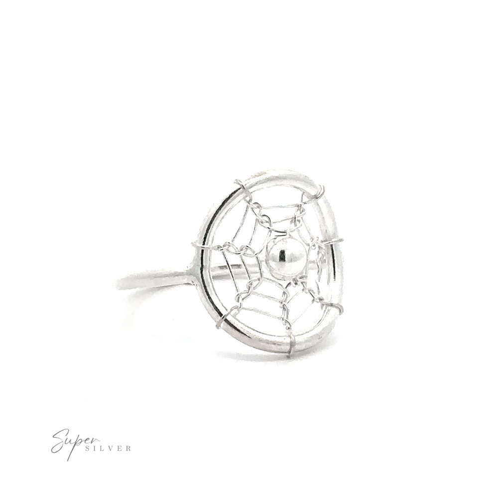 
                  
                    Wire Dreamcatcher Ring with Bead designed with an intricate dreamcatcher-shaped cage with a small sphere in the center on a white background.
                  
                
