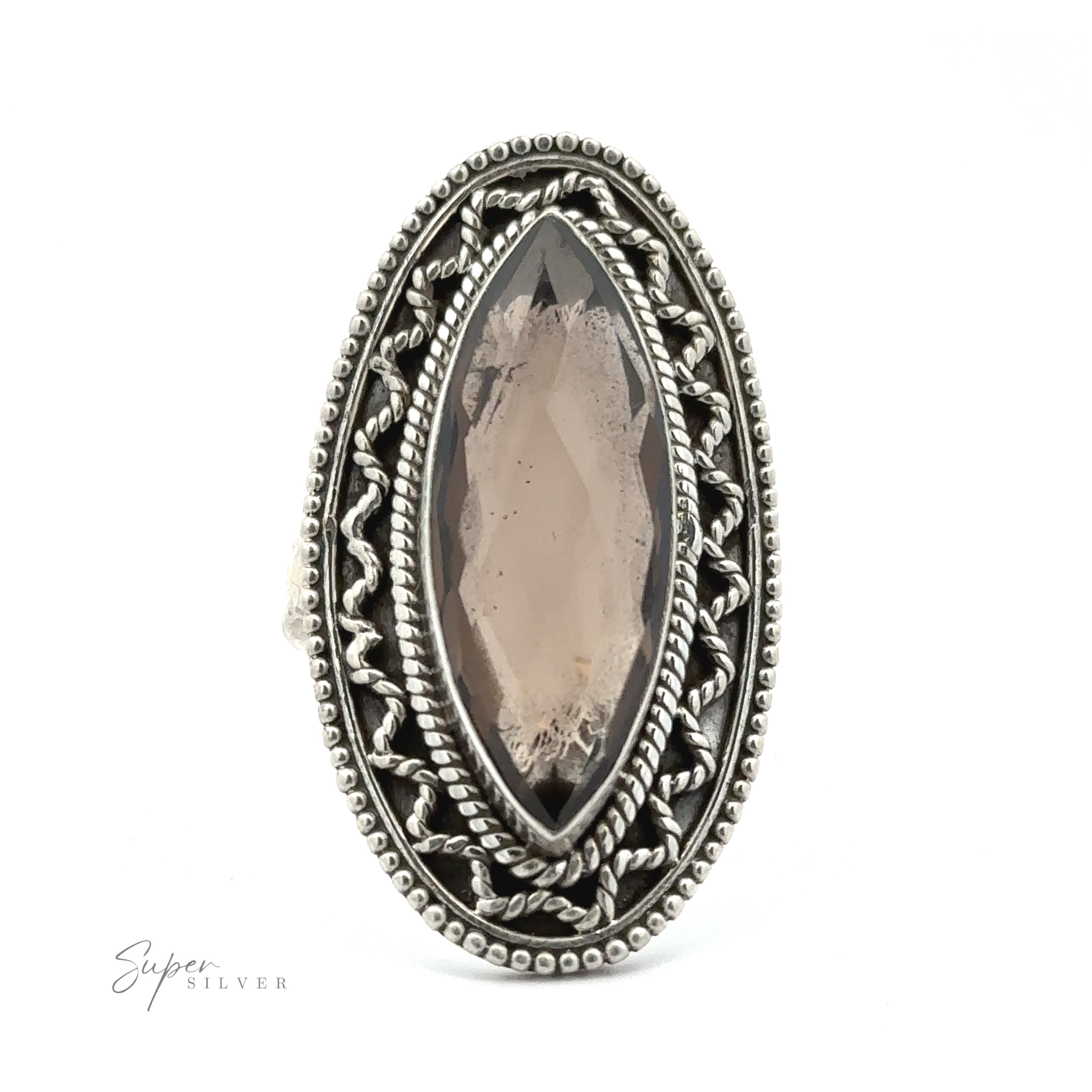 An intricately designed Marquise Shaped Gemstone Ring With Vintage Shield Border featuring an elongated oval smoky quartz gemstone, bordered with twisted rope and lattice patterns. The ring has a decorative, ornate appearance with a Bohemian twist.