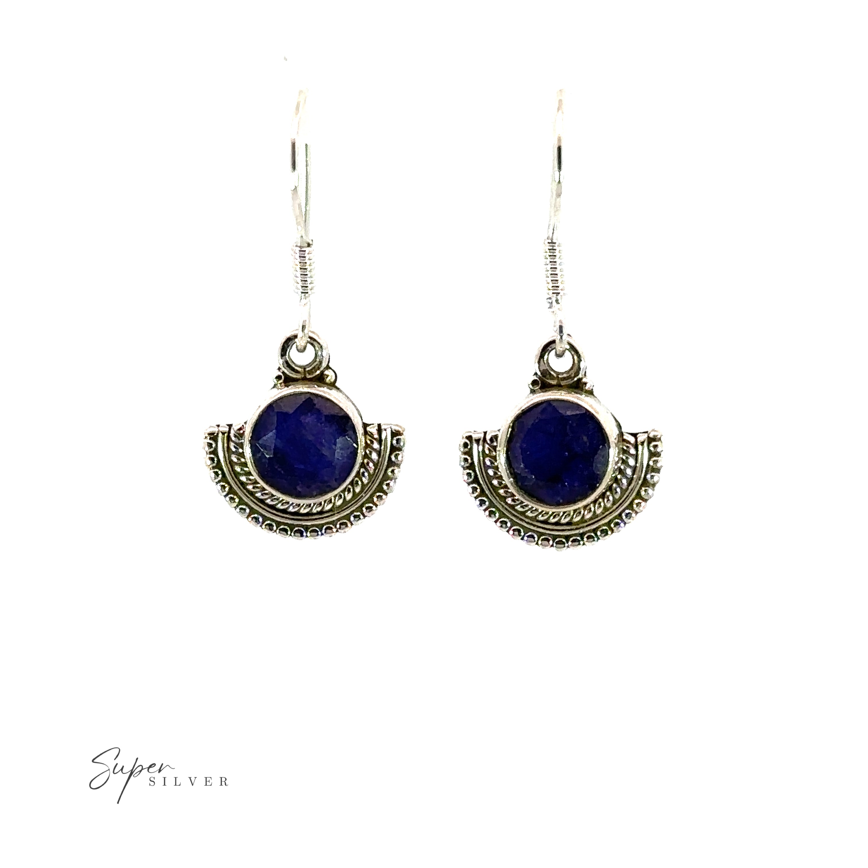 A pair of Round Gemstone Earrings with Fan Setting with lapis stone.
