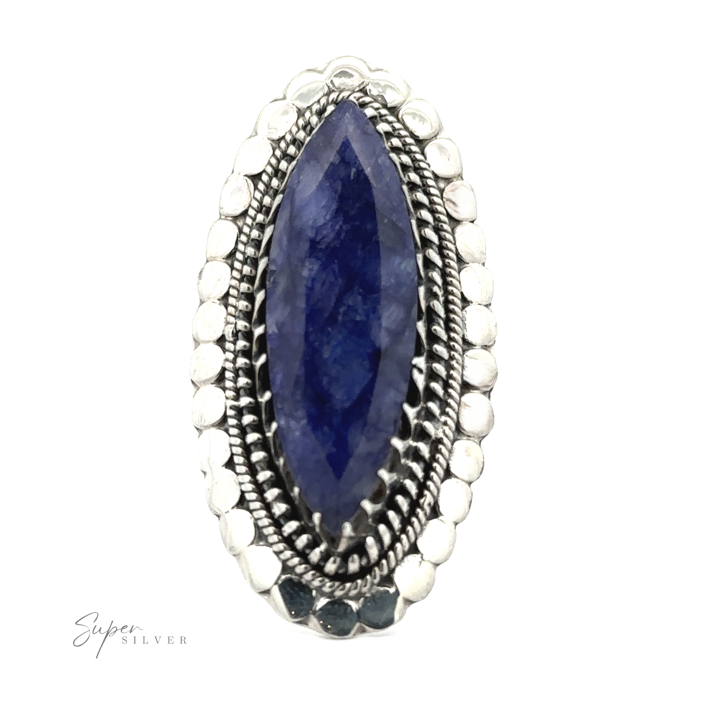 A marquise-shaped blue gemstone set in an intricately designed silver pendant. The text "Statement Marquise Shaped Gemstone Ring" is elegantly written in cursive in the bottom left corner, adding a touch of bohemian jewelry charm.