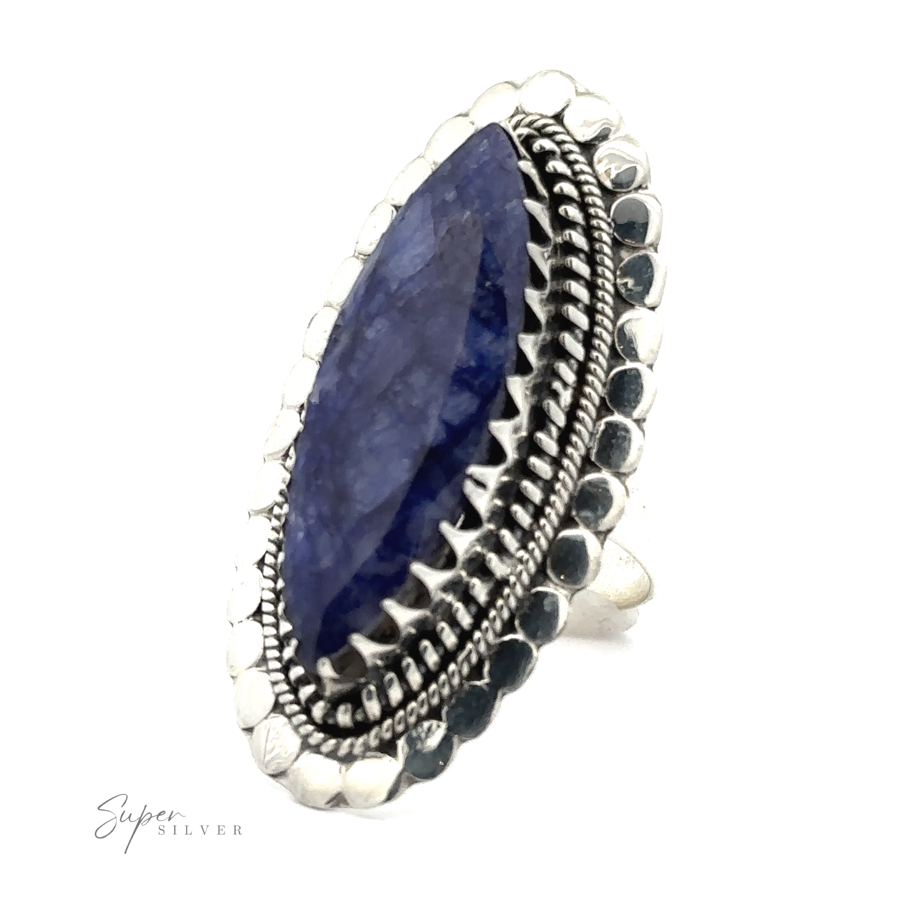 A Statement Marquise Shaped Gemstone Ring with an oval blue stone setting, featuring intricate bead and rope detailing around the bezel. This bohemian jewelry piece exudes charm, with the brand name "Super Silver" visible in the bottom left corner.