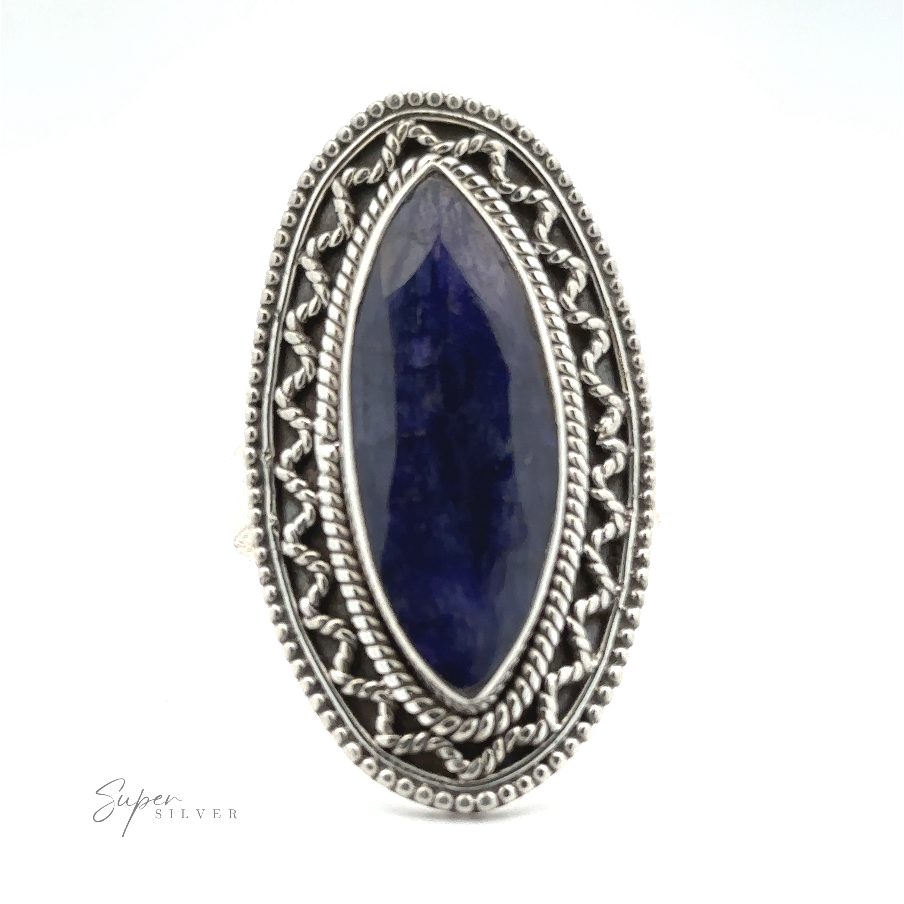 An elongated oval-shaped blue gemstone set in an intricately designed sterling silver ring. The band features an ornate pattern of rope and bead details, adding a Bohemian twist. "Marquise Shaped Gemstone Ring With Vintage Shield Border" is inscribed in the lower left corner.