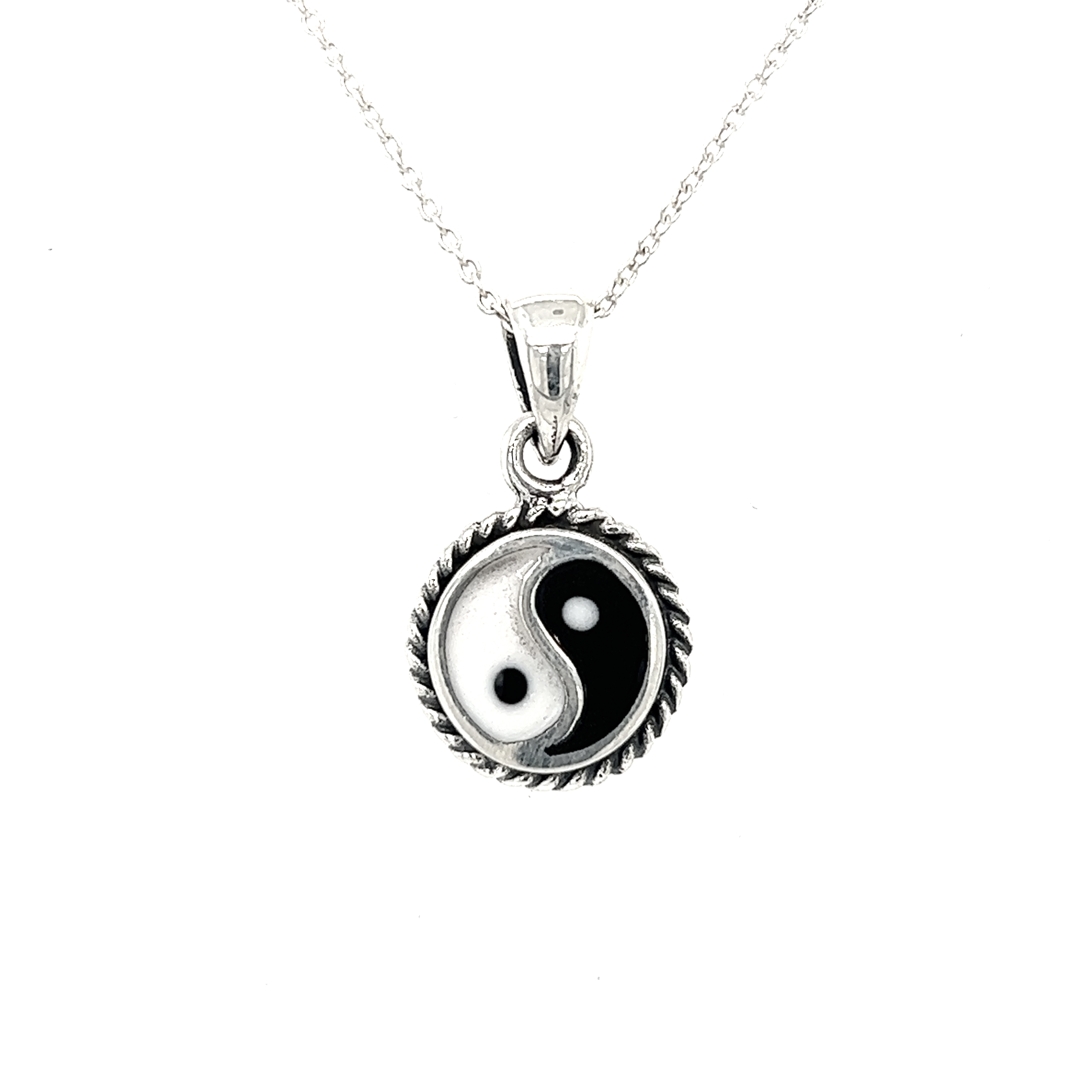 These Various Yin-Yang Pendants embody balance and interconnectedness, featuring a black and white design on a sleek silver chain.
